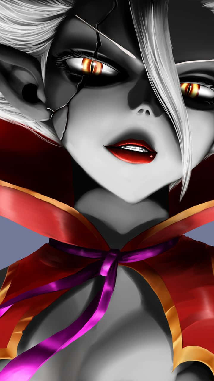 Mirajane Strauss 桌布 壁紙 — 一個引人注目的動漫角色，擁有裂開的黑白臉龐、發光的橙色眼睛，以及鮮豔的紅色、紫色和金色絲帶。