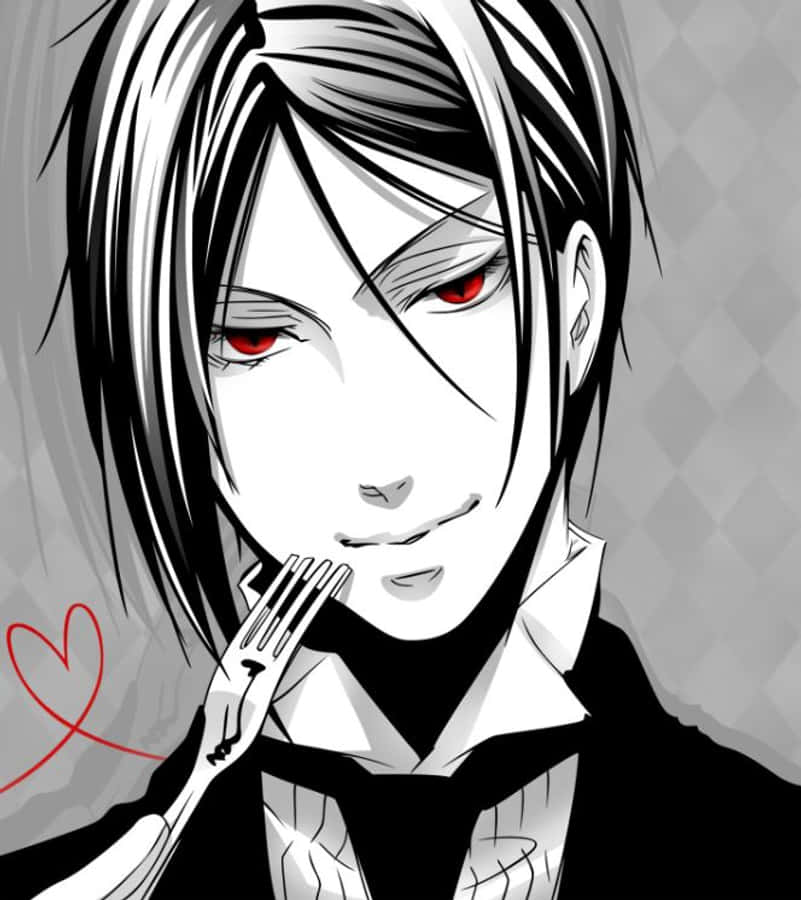 sebastian michaelis 桌布 壁紙 — 一個引人注目的動漫角色，紅眼睛黑頭髮，在灰色菱形圖案背景前將叉子靠近嘴唇。