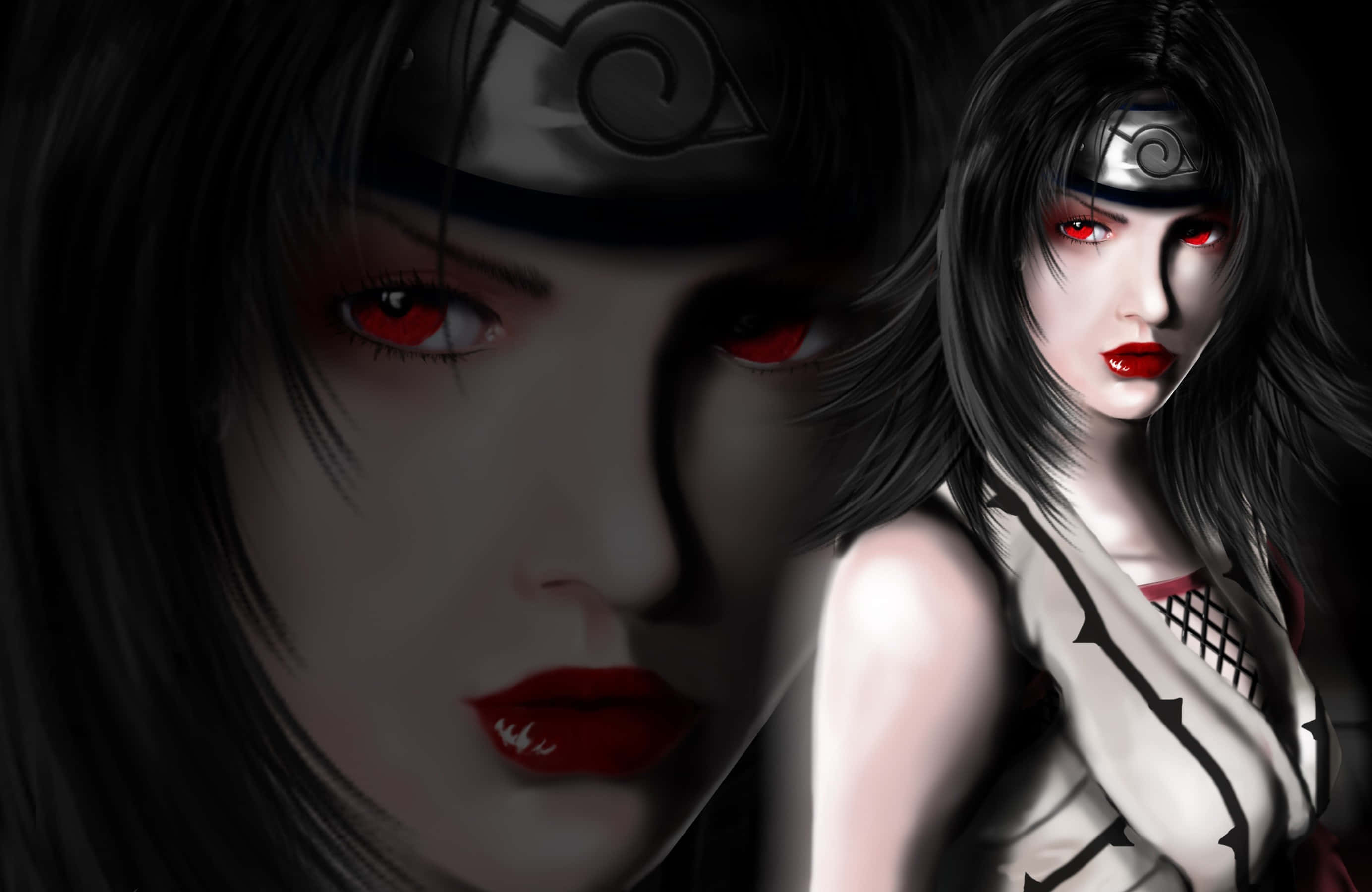 Kurenai Yuhi 桌布 壁紙 — 一個引人注目的動漫風格女性忍者肖像，擁有發光的紅眼睛和深色頭髮，戴著頭帶，穿著暴露的服裝，背景陰暗。