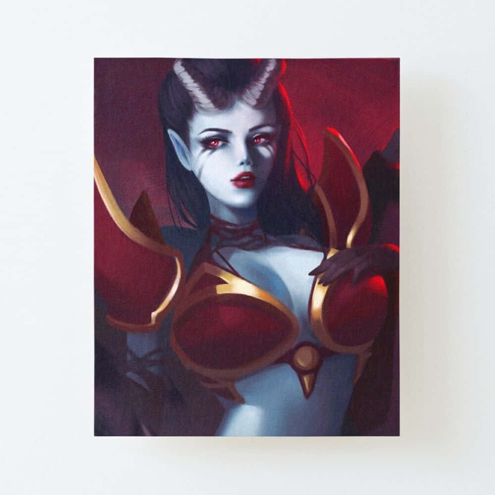 Queen Of Pain 桌布 壁紙 — 一個引人注目的動漫風格惡魔女郎，紅眼長角，身穿紅金鎧甲緊身胸衣，背景為深紅。
