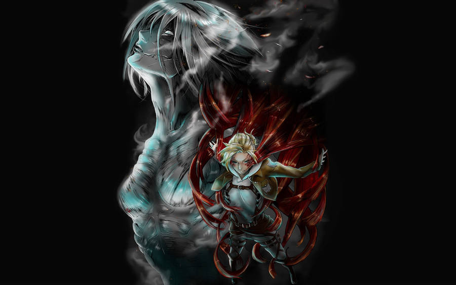 桌布 壁紙 — 一個引人注目的動漫風格插圖，描繪一位金髮女戰士被紅色能量包圍，背景黑暗，身後有一個幽靈般的藍色身影。