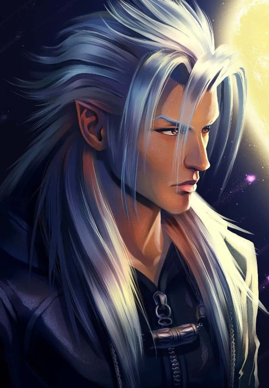Kingdom Hearts Xemnas 桌布 壁紙 — 一個引人注目的動漫風格精靈，銀色頭髮和尖耳朵，在帶有發光太陽的宇宙背景下凝視著。