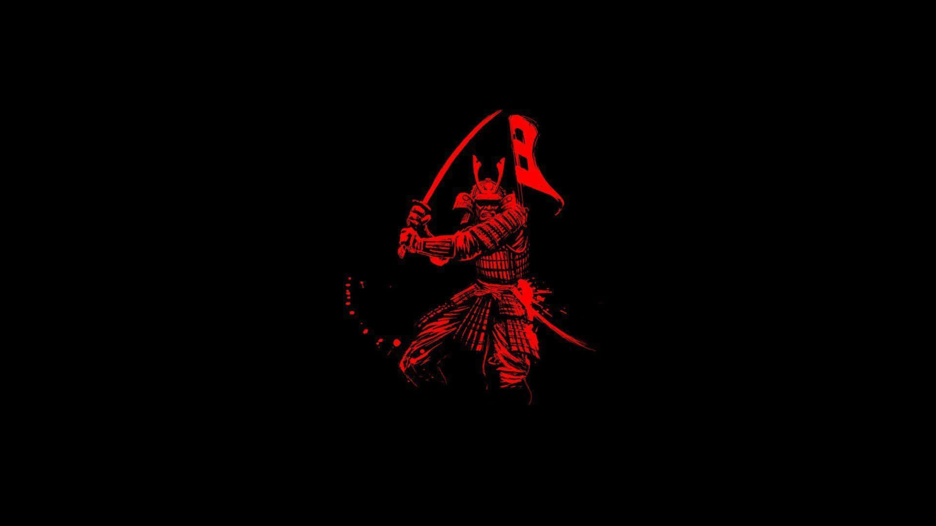 武士 桌布 壁紙 — 一個引人注目的紅色剪影，描繪一位武士在純黑背景上擺出動態戰鬥姿勢。