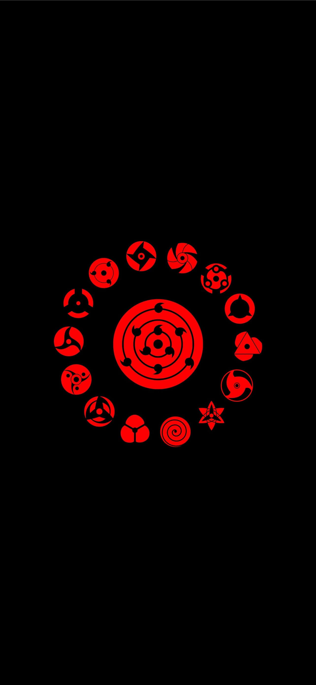 Mangekyou Sharingan 桌布 壁紙 — 一個引人注目的紅色圓形排列，九個不同的符號在純黑色背景上放射光芒。