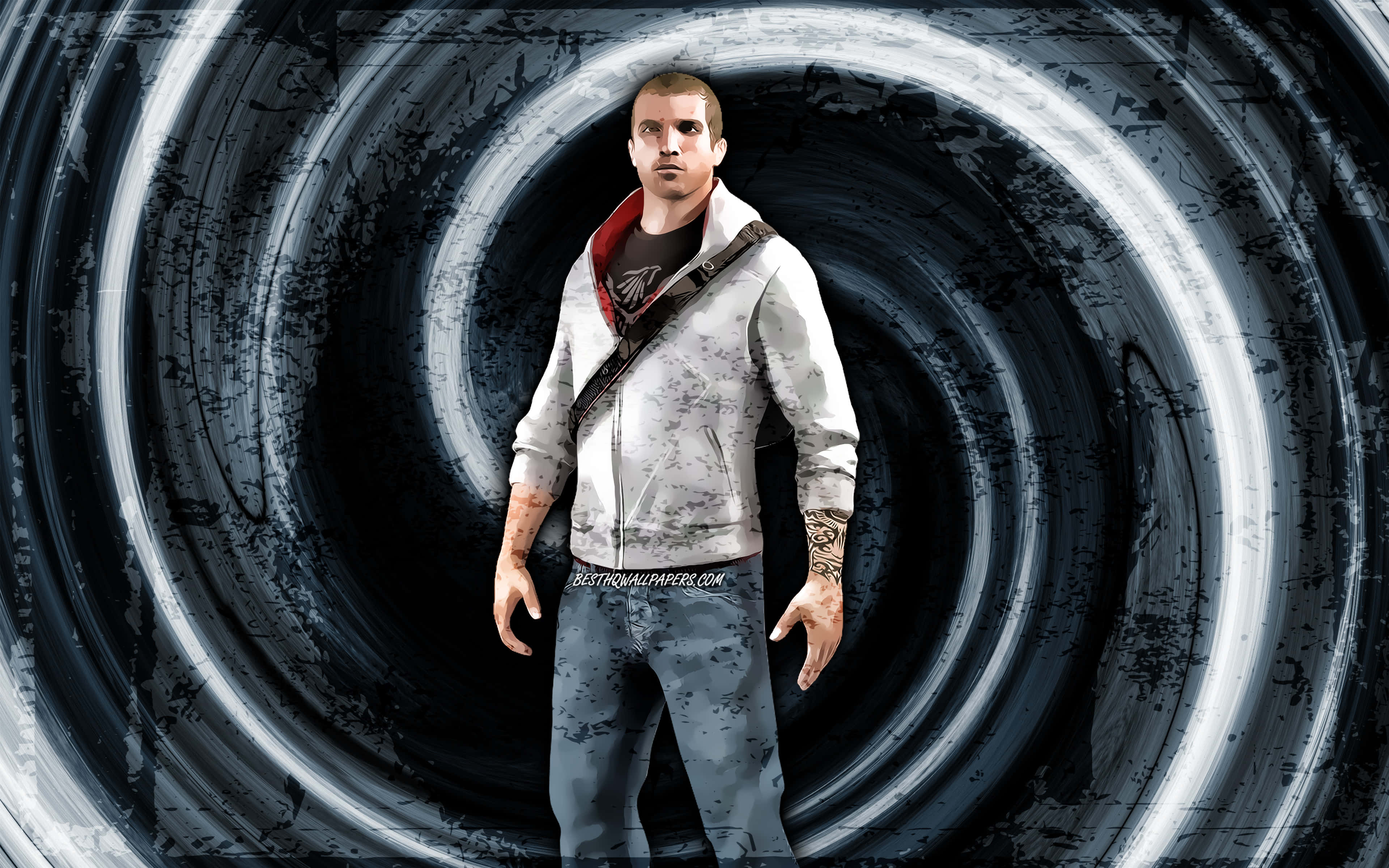 Desmond Miles 桌布 壁紙 — 一個強壯、有紋身的男人站在旋轉的黑白漩渦隧道中央。
