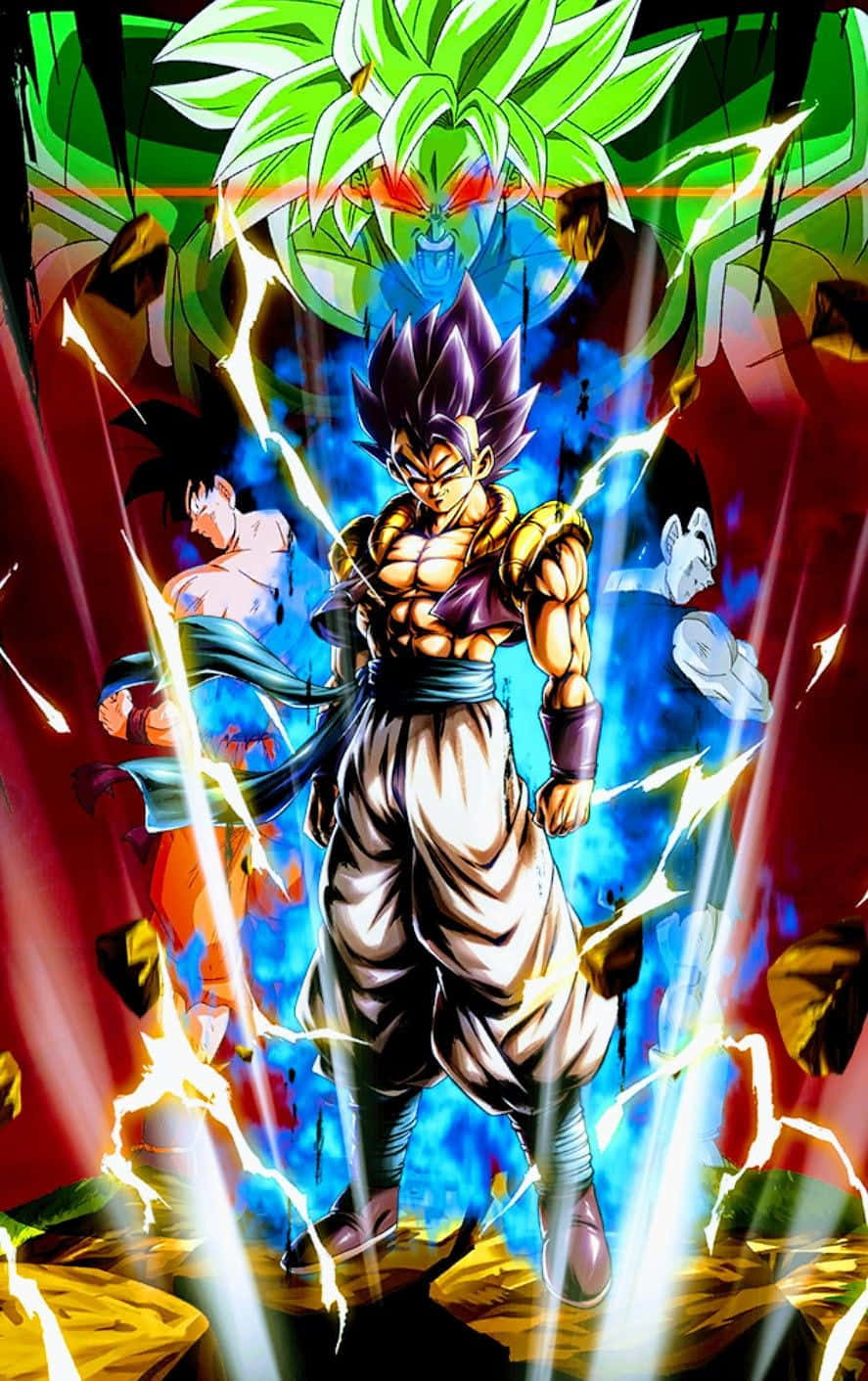 Dragon Ball Legends 桌布 壁紙 — 一個強大的動漫戰士，擁有尖刺的紫色頭髮和金色盔甲，站在電閃雷鳴之中，上方有一個綠色頭髮的人物。