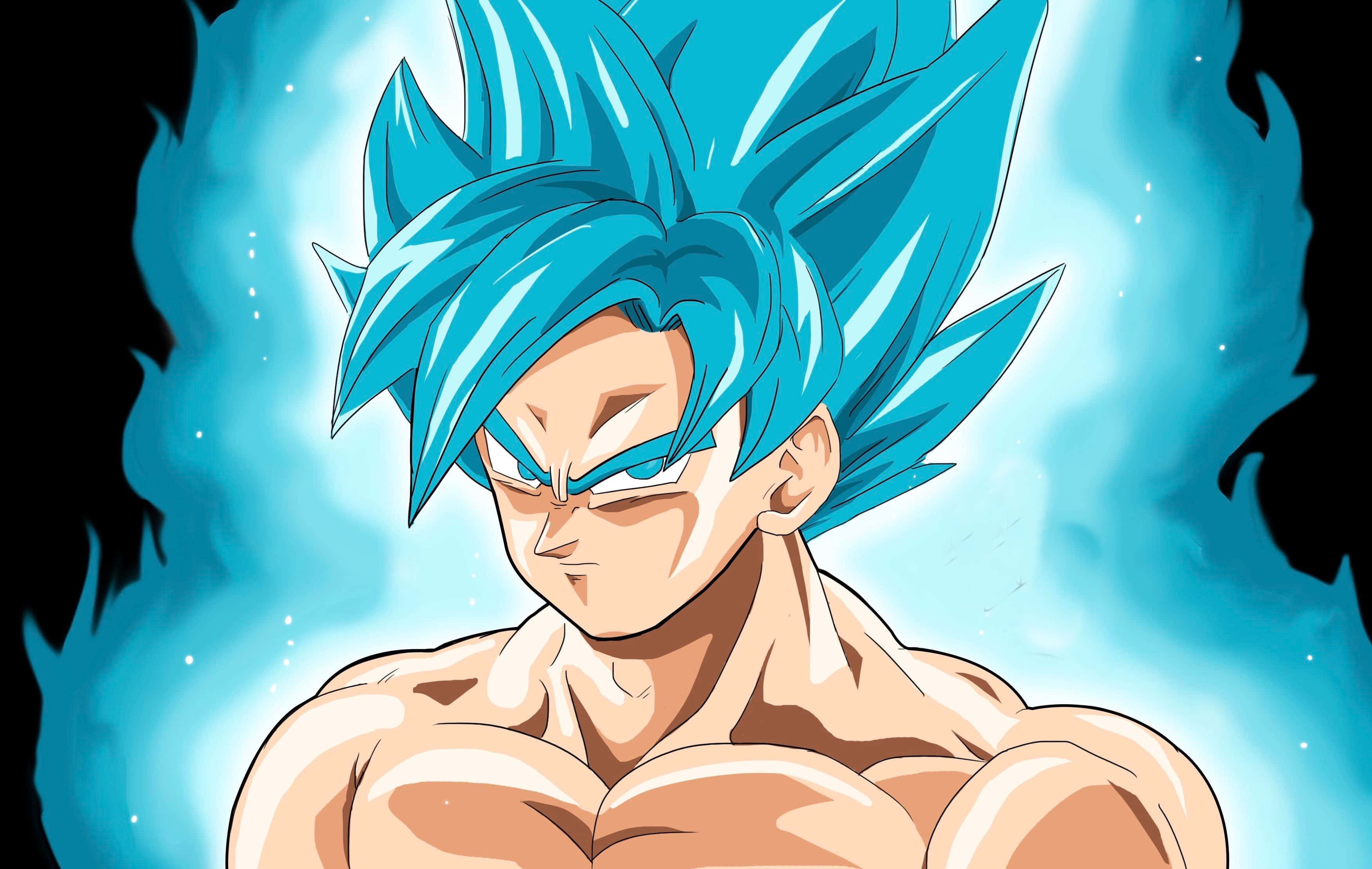 Super Saiyan Blue 桌布 壁紙 — 一個強大的動漫戰士，擁有尖刺的藍色頭髮和發光的光環，在黑暗背景下凝視著。