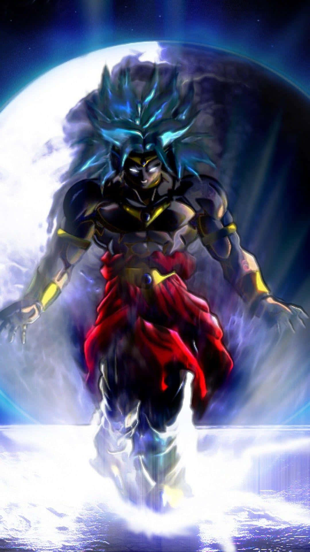 Dragon Ball iPhone 桌布 壁紙 — 一個強大的動漫戰士，擁有尖刺的藍色頭髮和紅色斗篷，站在宇宙場景中發光的月亮前。