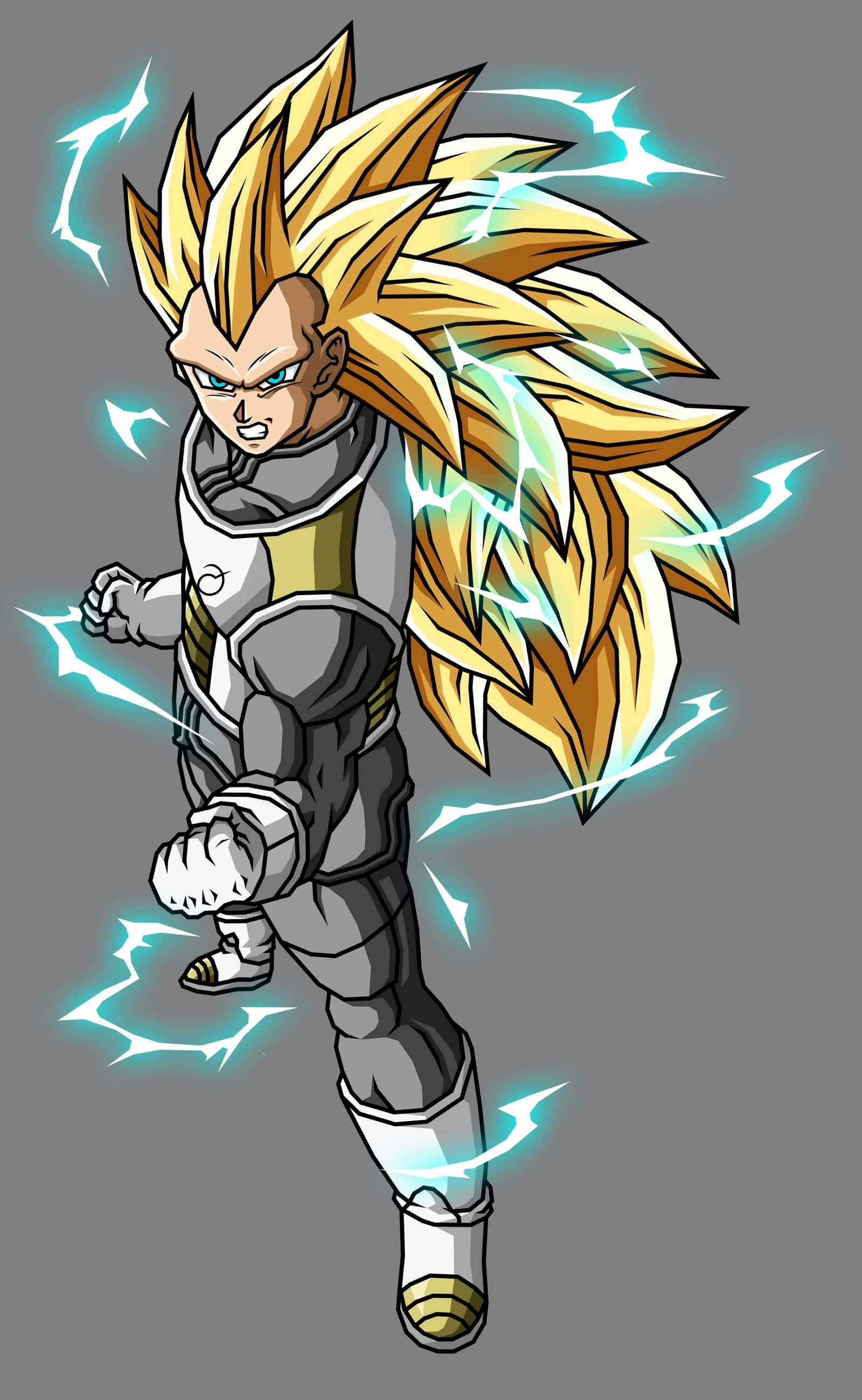 Vegeta Super Saiyan 3 桌布 壁紙 — 一個強大的動漫戰士，擁有尖刺的金色頭髮和發光的藍色能量閃電，環繞著他動態的戰鬥姿勢。
