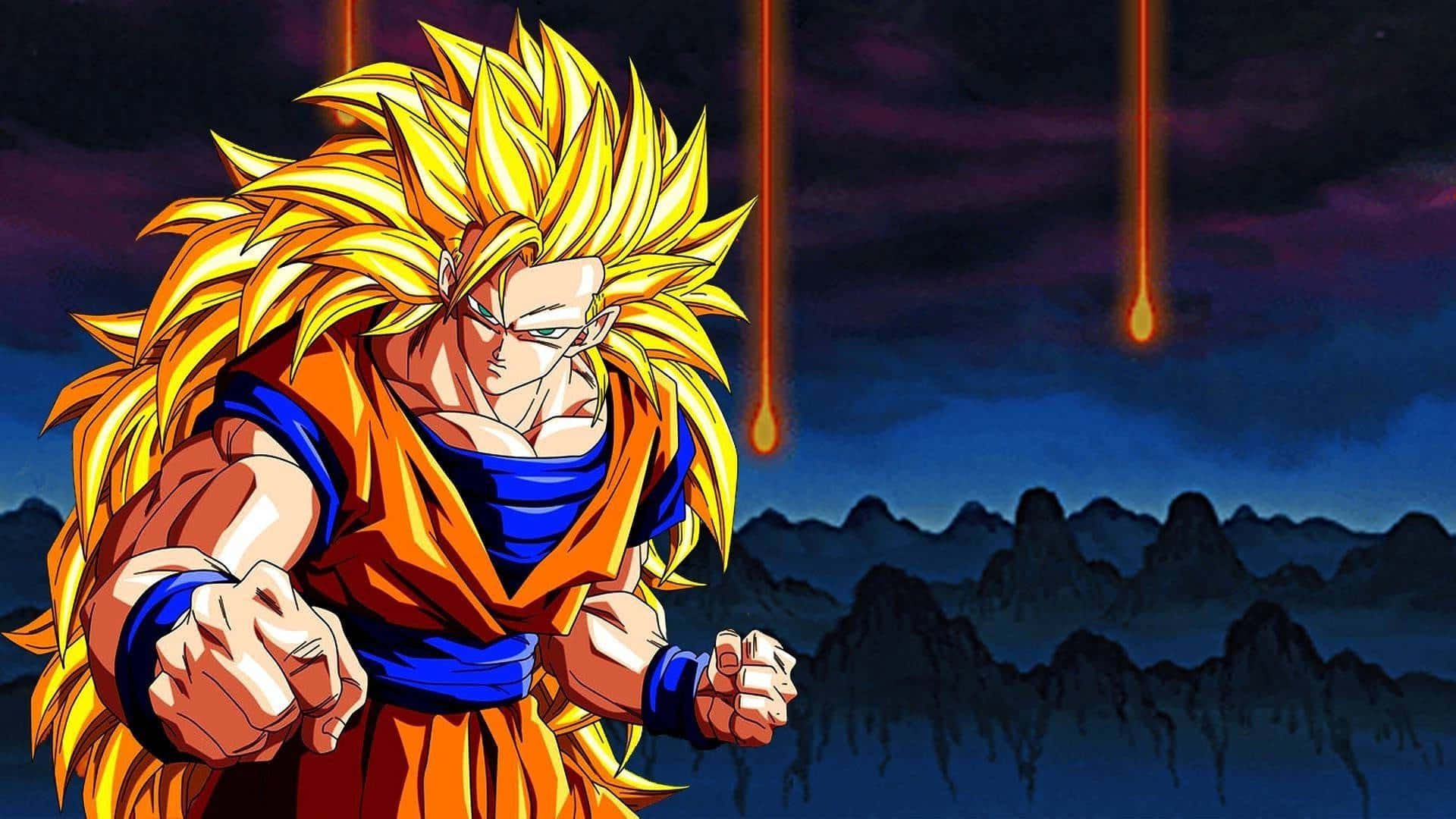 Dragon Ball Z Characters 桌布 壁紙 — 一個強大的動漫戰士，擁有尖刺的金色頭髮和橙色道服，在黑暗的山脈背景下握緊拳頭，天空中落下發光的橙色光束。