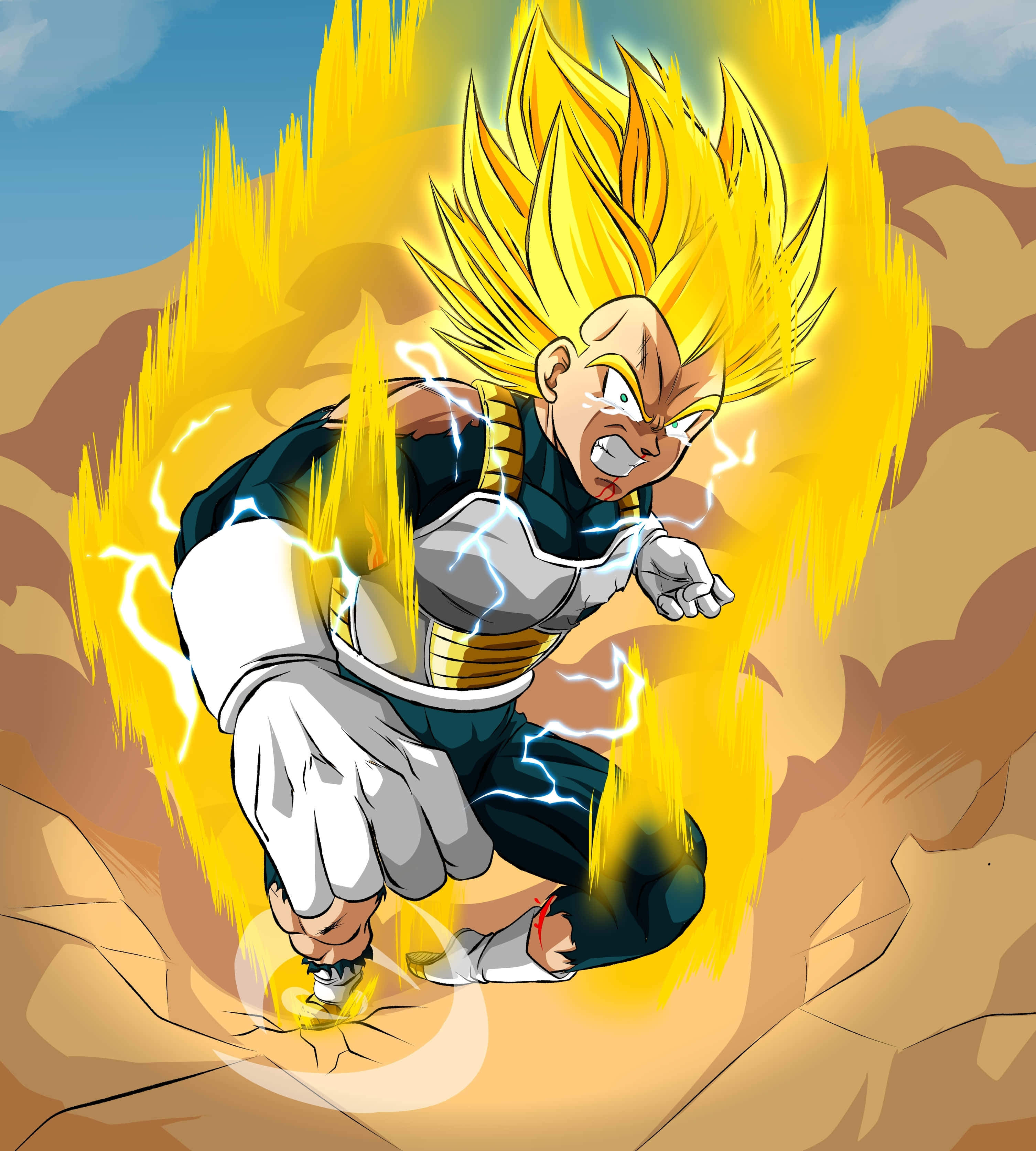 Vegeta Super Saiyan 2 桌布 壁紙 — 一個強大的動漫戰士，擁有尖刺的金色頭髮，在沙漠景觀中周圍閃爍著閃電。