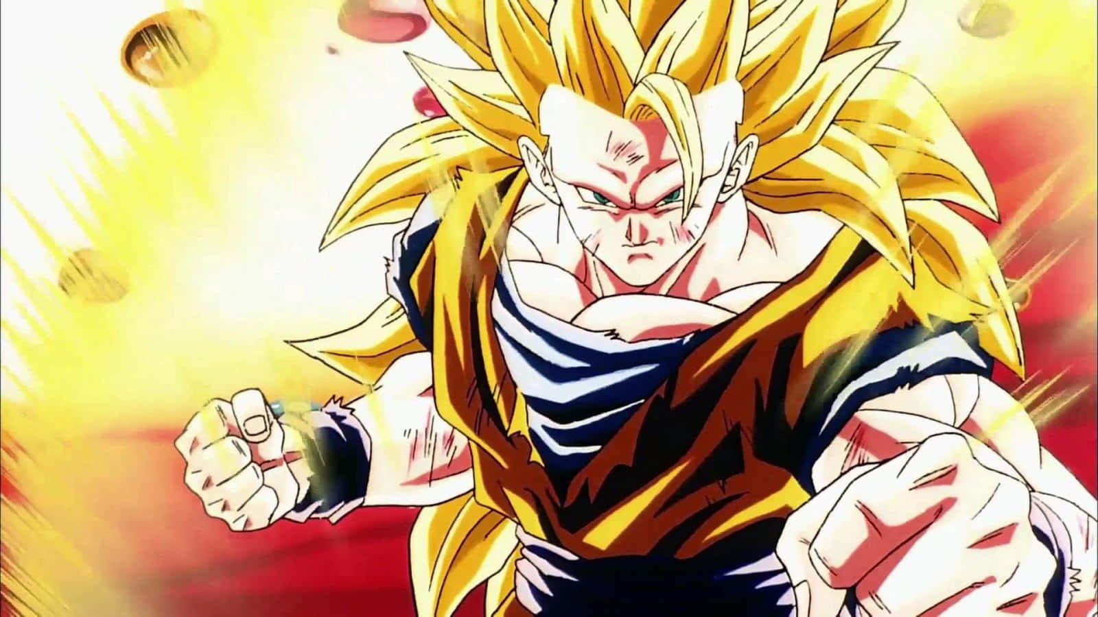 Dragon Ball Movies 桌布 壁紙 — 一個強大的動漫戰士，擁有尖刺的金色頭髮和銳利的眼睛，在熾熱的黃色和紅色背景前握緊拳頭。