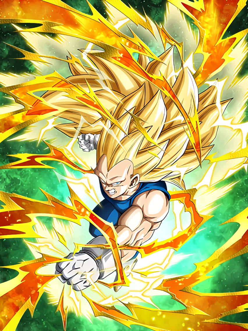 Vegeta Super Saiyan 3 桌布 壁紙 — 一個強大的動漫戰士，擁有尖刺的金色頭髮和發光的氣場，在充滿活力的綠色和黃色宇宙背景中向前猛擊。