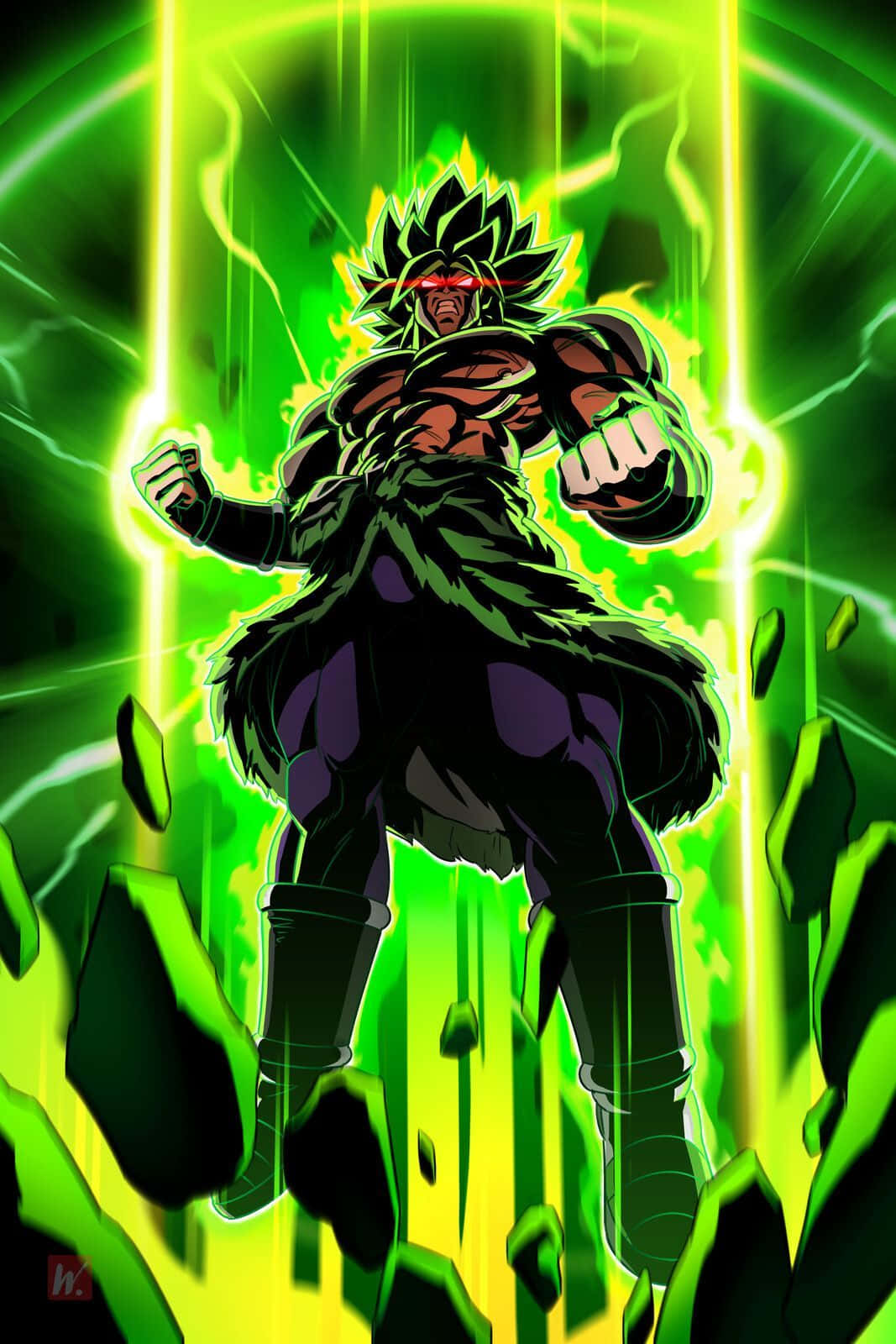 Legendary Super Saiyan 桌布 壁紙 — 一個強大的動漫戰士，擁有尖刺頭髮和發光的綠色光環，站在破碎的岩石中，拳頭緊握，擺出動態的戰鬥姿勢。