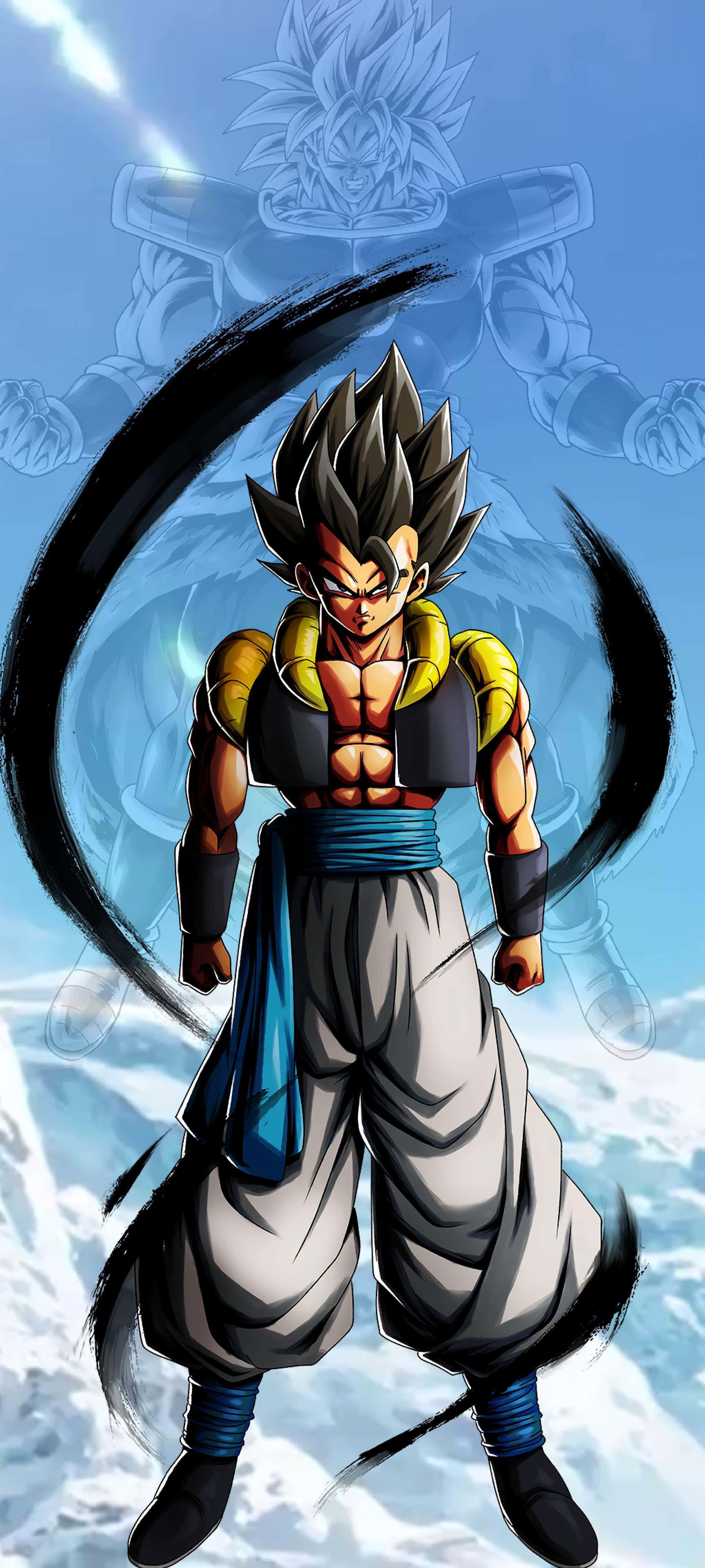 Dragon Ball Legends 桌布 壁紙 — 一個強大的動漫戰士，擁有尖刺頭髮和發光的眼睛，在白雪皚皚的山脈背景下，帶著旋轉的黑色能量光環，挑釁地站立著。