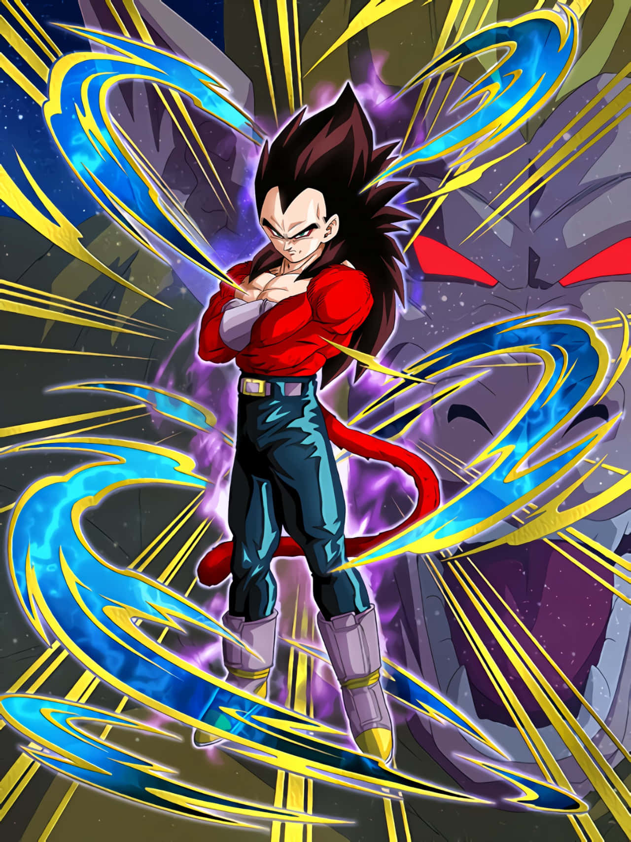 Vegeta Super Saiyan 4 桌布 壁紙 — 一個強大的動漫戰士，有著尖刺頭髮和紅色服裝，站在宇宙背景下旋轉的藍色和金色能量光束中。