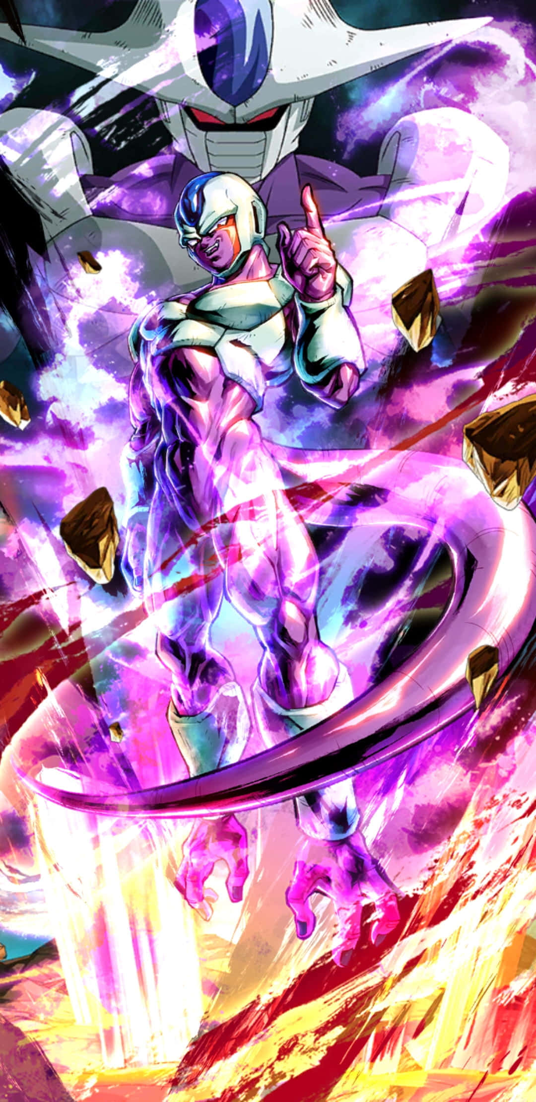 Dragon Ball Legends 桌布 壁紙 — 一個強大的動漫戰士在發光的紫色光環中，在爆炸性能量中挑釁地對抗高聳的機械敵人。