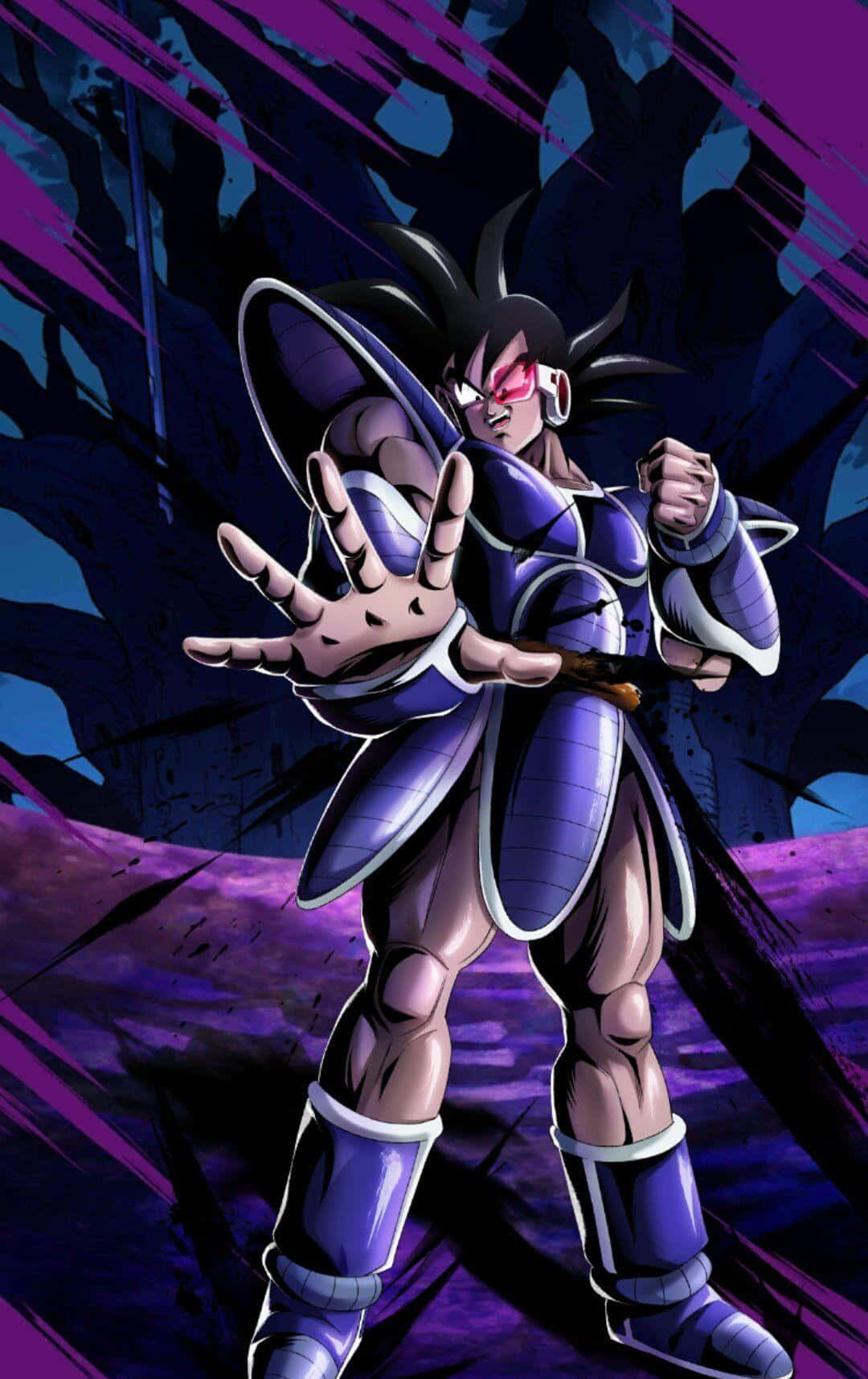 Dragon Ball Legends 桌布 壁紙 — 一個強大的動漫戰士身穿紫色盔甲，動態地站在深紫色和藍色的破碎背景前。