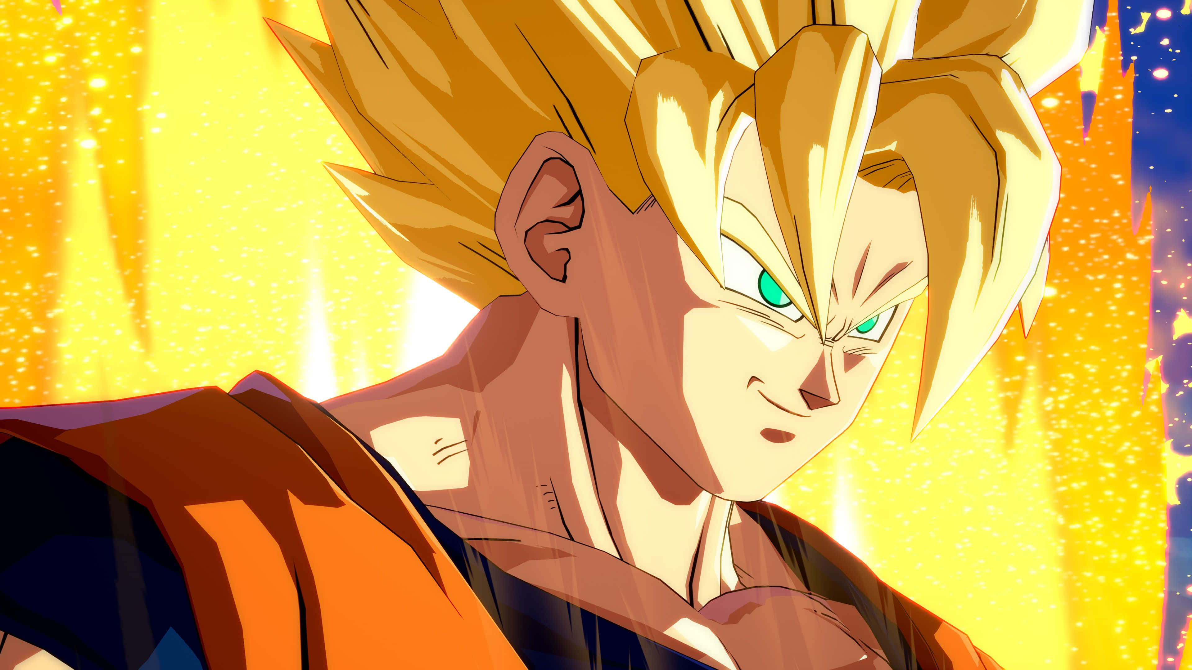 Dragon Ball Fighterz 桌布 壁紙 — 一個強大的動漫角色，擁有尖刺的金色頭髮和發光的綠色眼睛，在熾熱的黃色背景前散發能量。