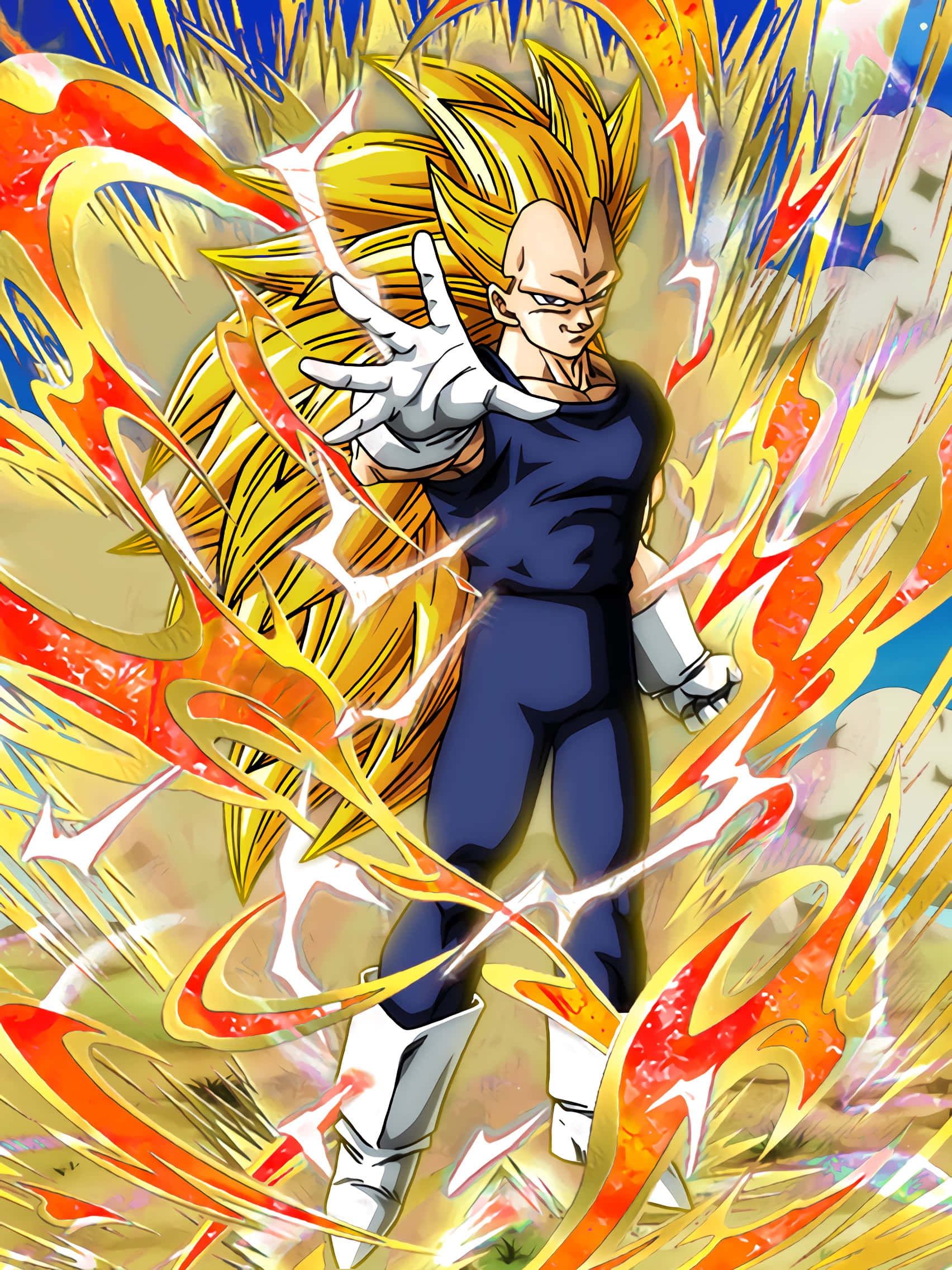 Vegeta Super Saiyan 3 桌布 壁紙 — 一個強大的動漫角色，擁有尖刺的金色頭髮和藍色西裝，在動態的戰鬥姿態中散發出熾熱的能量。