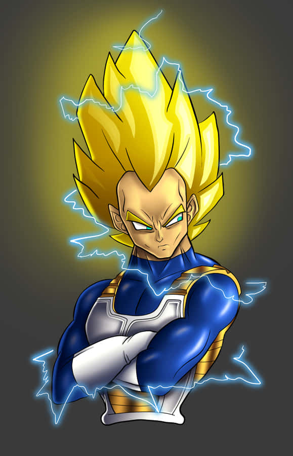 Vegeta Super Saiyan 2 桌布 壁紙 — 一個強大的動漫角色，擁有尖刺的黃色頭髮和藍色閃電光環，在黑暗背景前交叉雙臂站立。