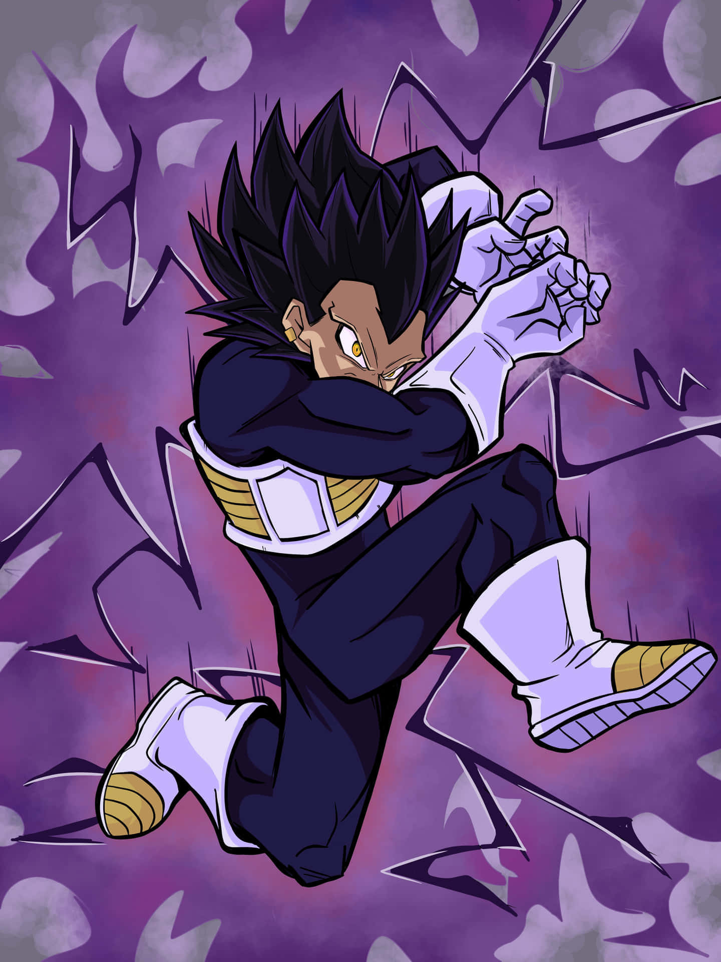 Vegeta Galick Gun 桌布 壁紙 — 一個強大的動漫角色，擁有尖刺的黑髮和發光的眼睛，在旋轉的紫色能量背景下擺出動態的戰鬥姿勢。