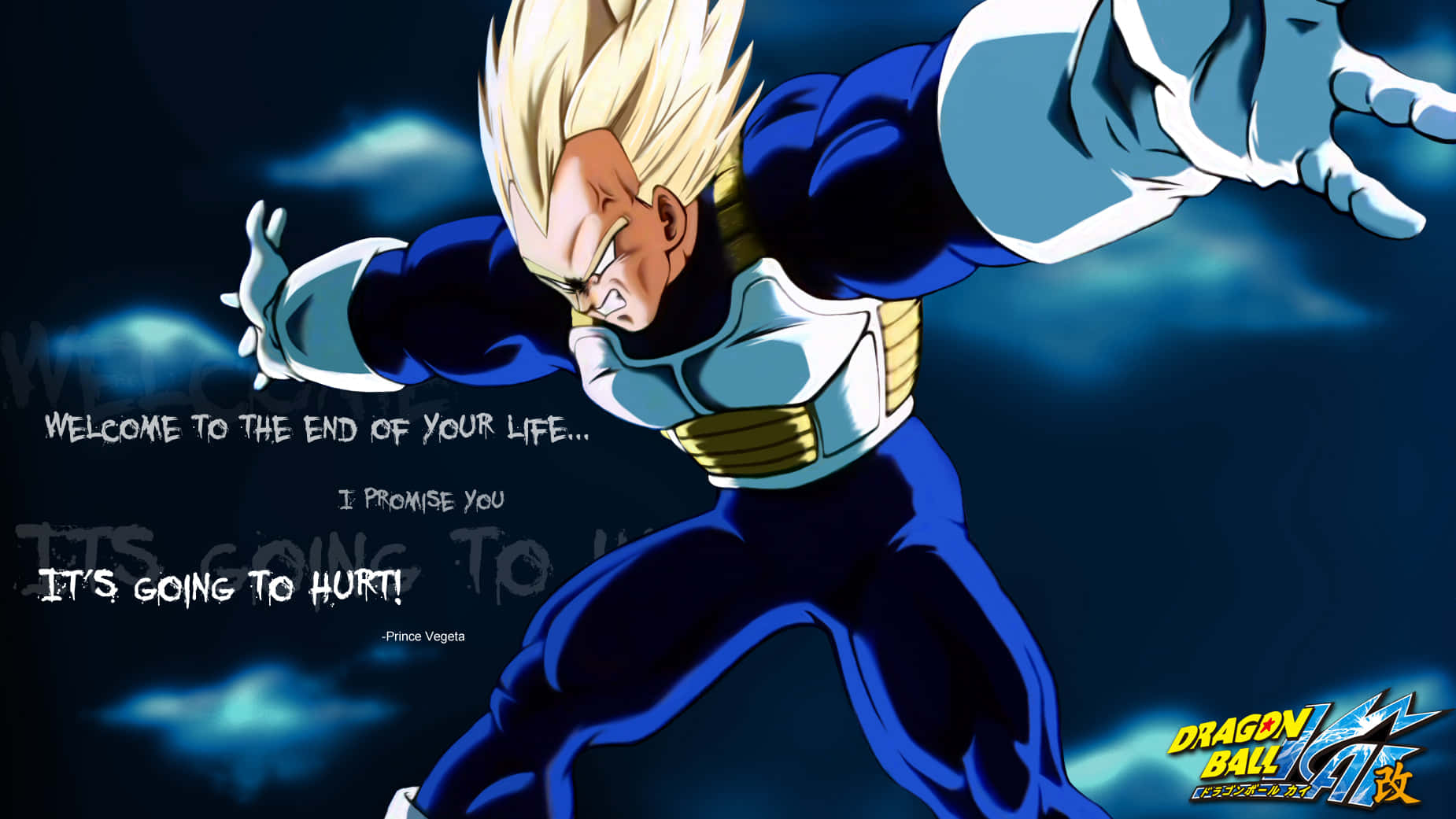 Vegeta Quotes 桌布 壁紙 — 一個強大的動漫角色，擁有尖刺金髮和藍色盔甲，在黑暗暴風雨的天空下擺出動態的戰鬥姿勢。