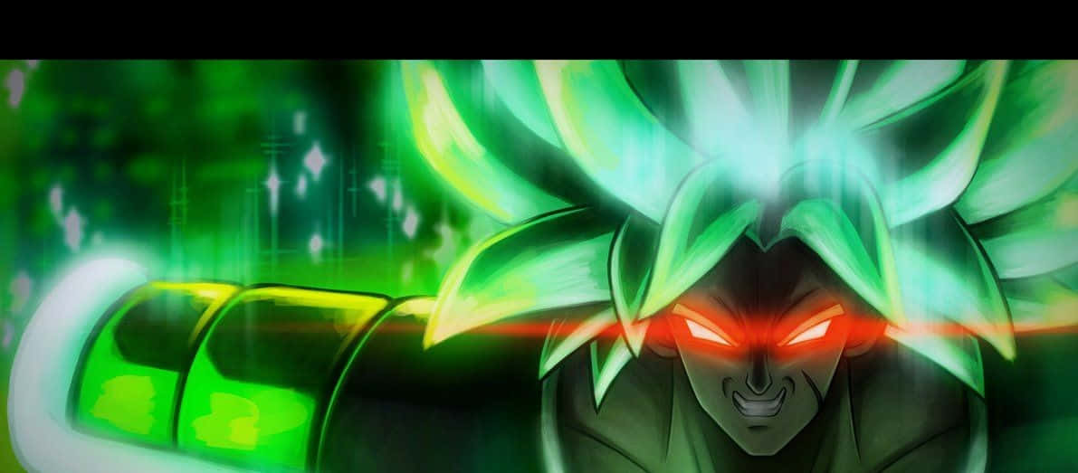 Legendary Super Saiyan 桌布 壁紙 — 一個強大的動漫角色，擁有發光的綠色頭髮和紅色眼睛，在充滿活力的綠色背景上散發能量。