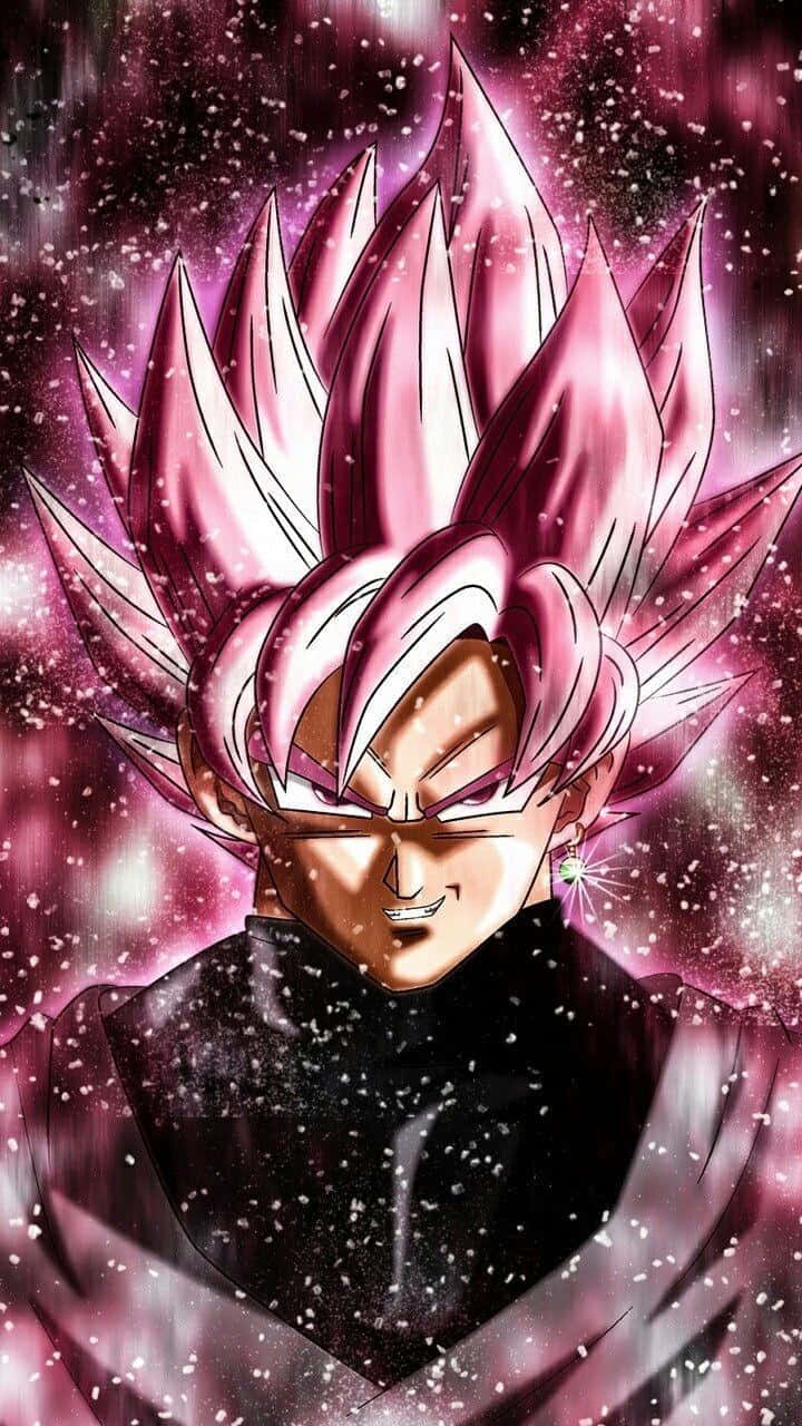 Dragon Ball iPhone 桌布 壁紙 — 一個強大的動漫角色，擁有粉紅色尖刺頭髮和發光的眼睛，站在宇宙粉紅色和紫色的星空背景下。