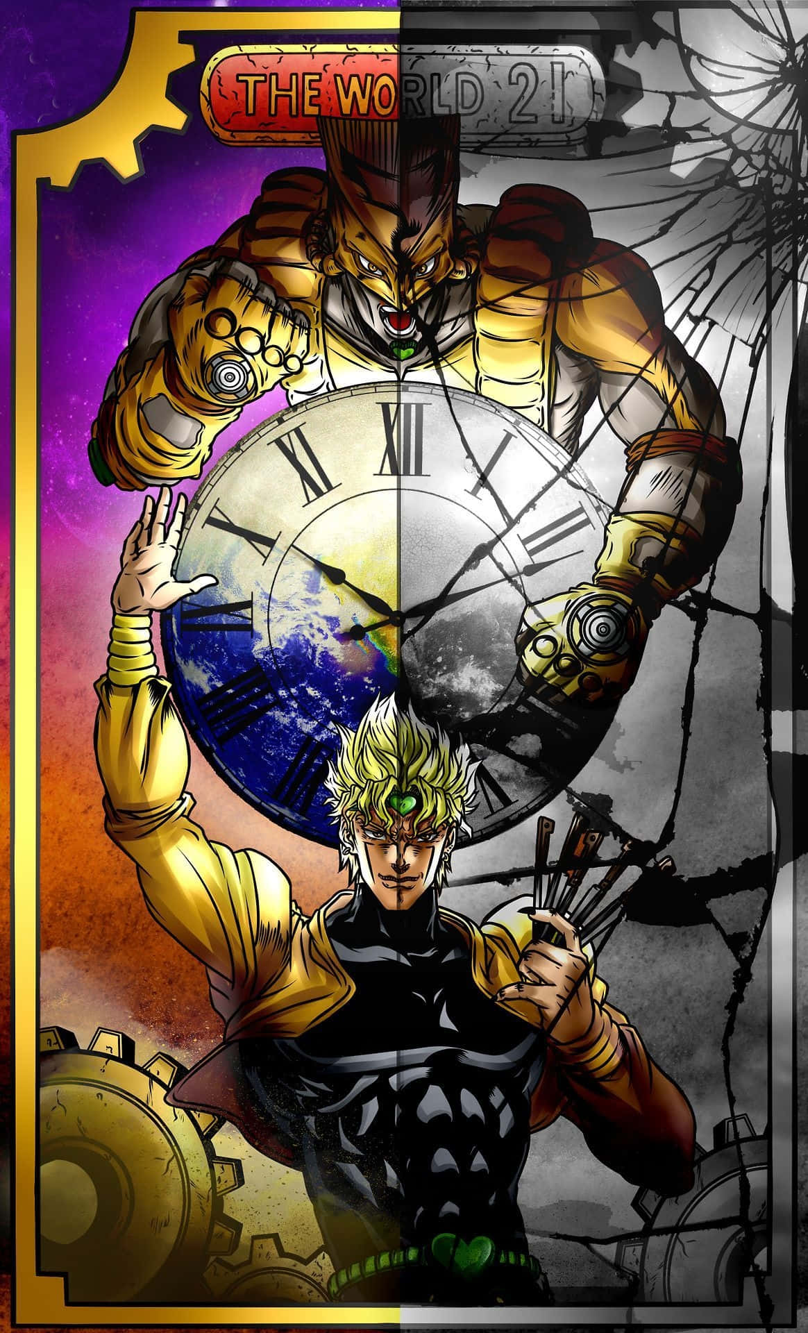 Dio The World 桌布 壁紙 — 一個強大的動漫角色，有著尖刺頭髮，手持一個破碎的時鐘，而一個巨大的金色裝甲身影在充滿活力的紫色和橙色漸變背景上若隱若現。