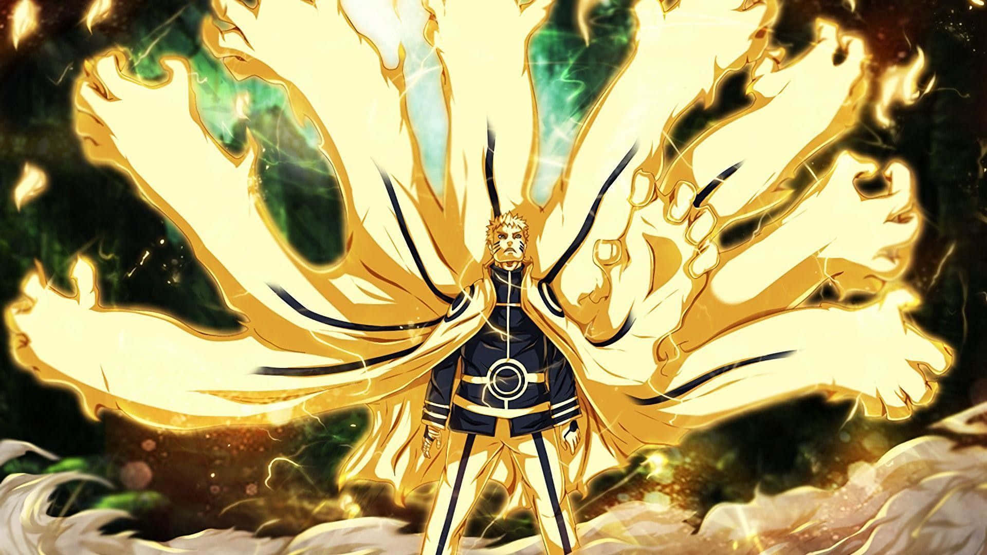 Sage Of Six Paths 桌布 壁紙 — 一個強大的動漫角色站立著，身後九條金色尾巴在黑暗旋轉的背景中燃燒。