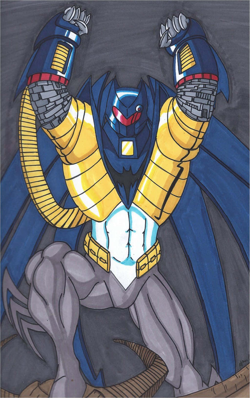 Batman Knightfall 桌布 壁紙 — 一個強大的藍黃色裝甲機械人，擁有蝙蝠般的翅膀和舉起的拳頭，以英雄姿態站在深灰色背景前。