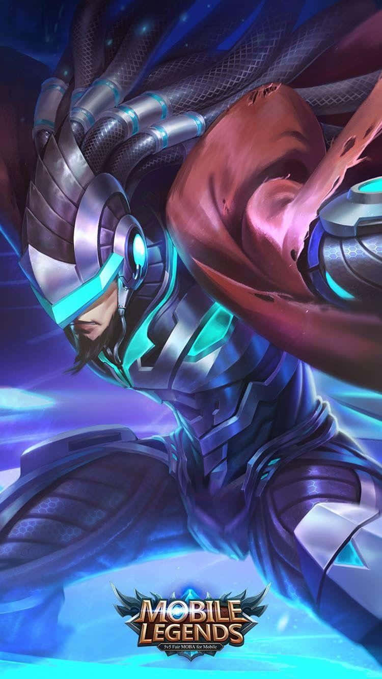 Mobile Legend 桌布 壁紙 — 一個強大的裝甲戰士，帶有發光的藍色點綴和飄逸的紅色斗篷，在宇宙背景下擺出動態姿勢。