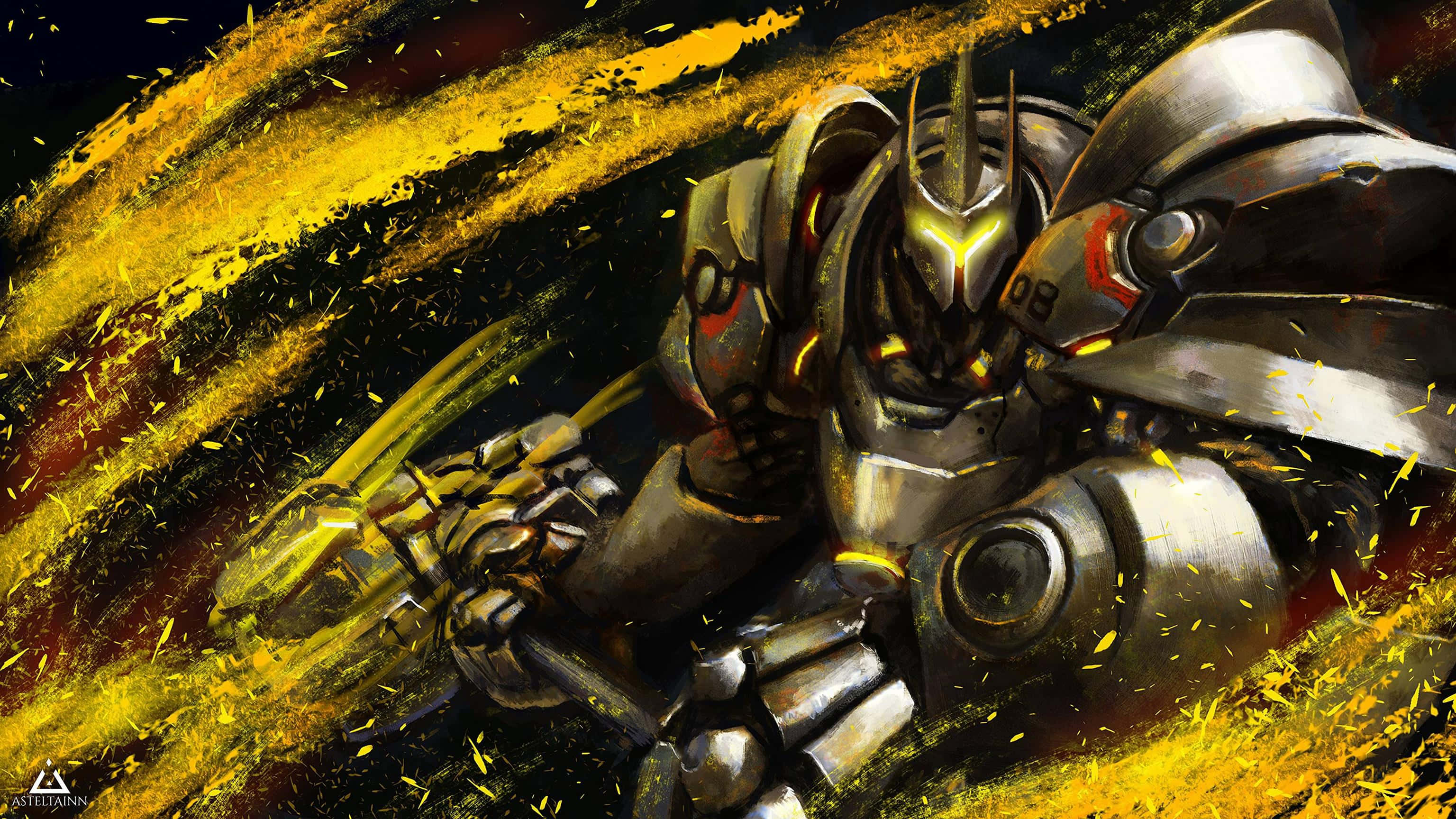 Overwatch Reinhardt 桌布 壁紙 — 一個強大的裝甲機械人，雙眼發光，在黑暗背景下穿過金色火花風暴向前衝刺。