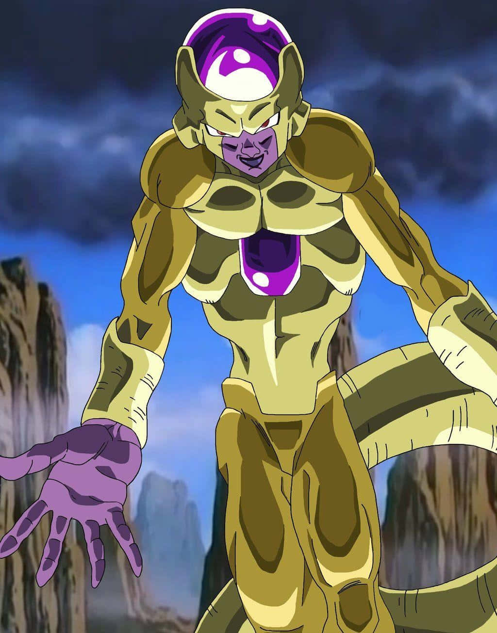 Golden Frieza 桌布 壁紙 — 一個強大的金色和紫色動漫角色在暴風雨的天空背景下，身後有鋸齒狀的懸崖，威風凜凜地站立。