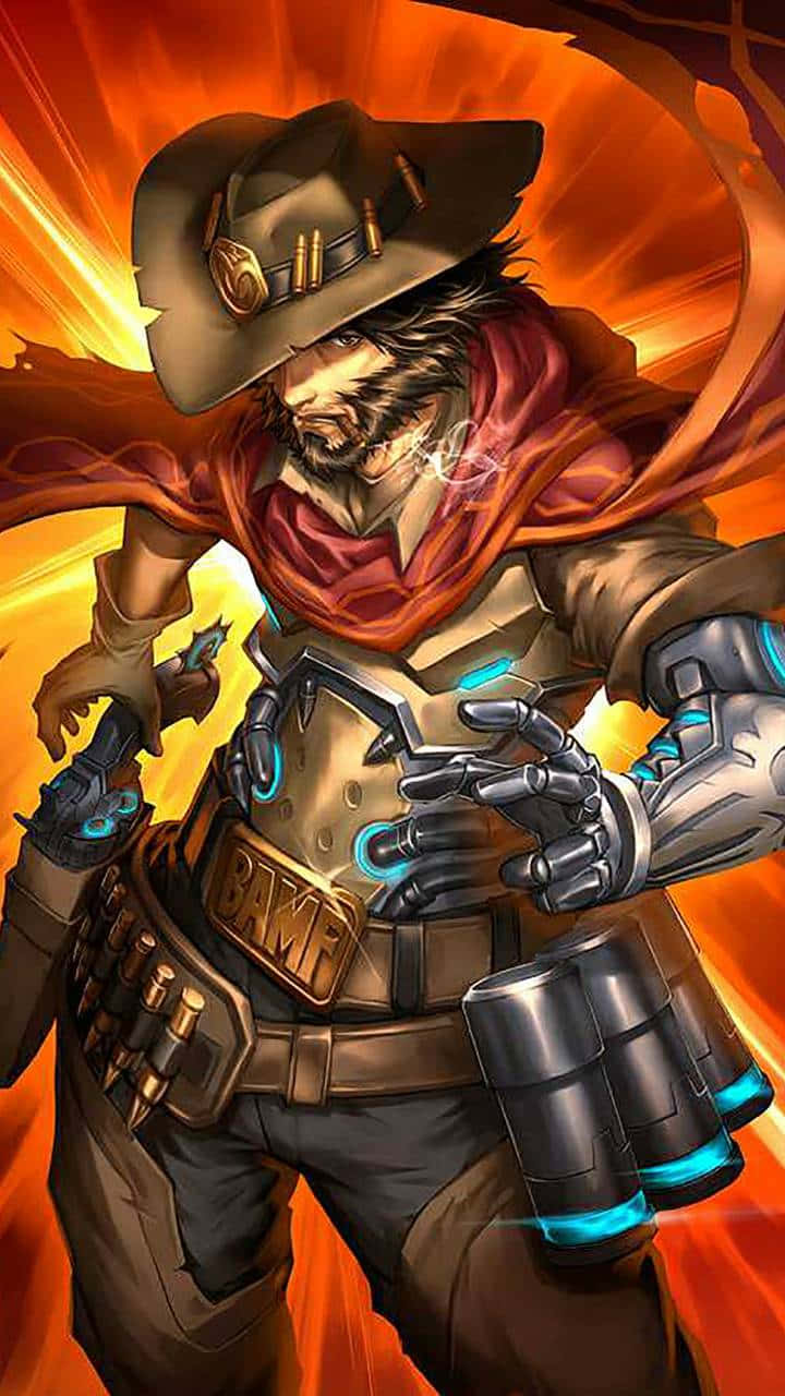 Overwatch Mccree 桌布 壁紙 — 一個強悍的牛仔，擁有機械手臂和發光的藍色裝飾，在熾熱的橙色和黃色背景前挑釁地站立。