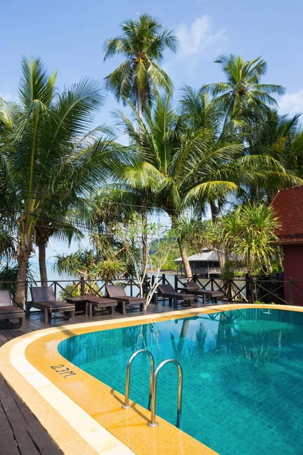 Beach Swimming Pool 桌布 壁紙 — 一個彎曲的藍綠色泳池，周圍環繞著茂密的棕櫚樹和木製躺椅，上方是明亮的藍天。