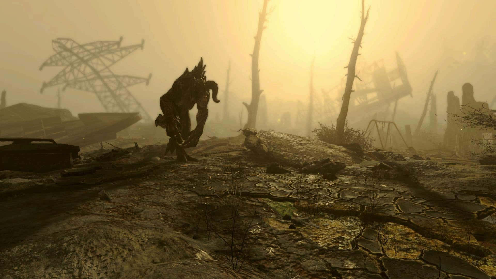 Fallout 4 Wasteland 桌布 壁紙 — 一個彎腰的怪物身影在朦朧的金色太陽下穿過荒涼龜裂的荒地。