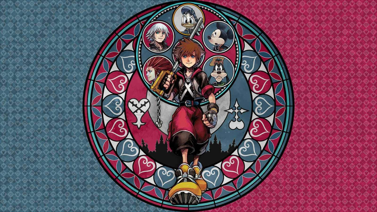 Kingdom Hearts 桌布 壁紙 — 一個彩繪玻璃窗設計，中央有一個動漫角色，周圍環繞著標誌性的迪士尼角色，背景為帶圖案的藍色和粉紅色。