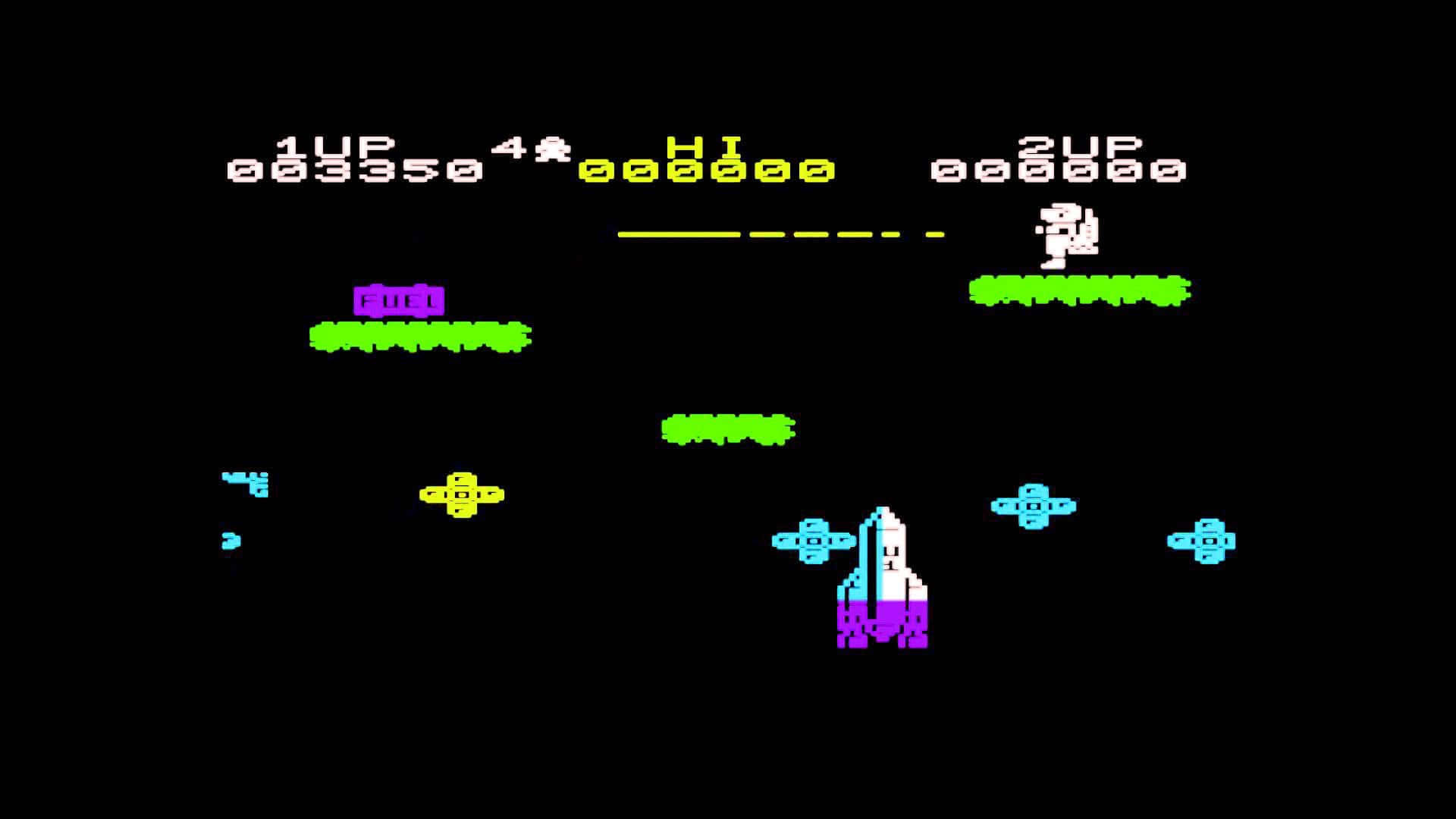 Indie Games 桌布 壁紙 — 一個復古像素太空船遊戲場景，黑色背景上有鮮豔的綠色平台和藍色敵人。