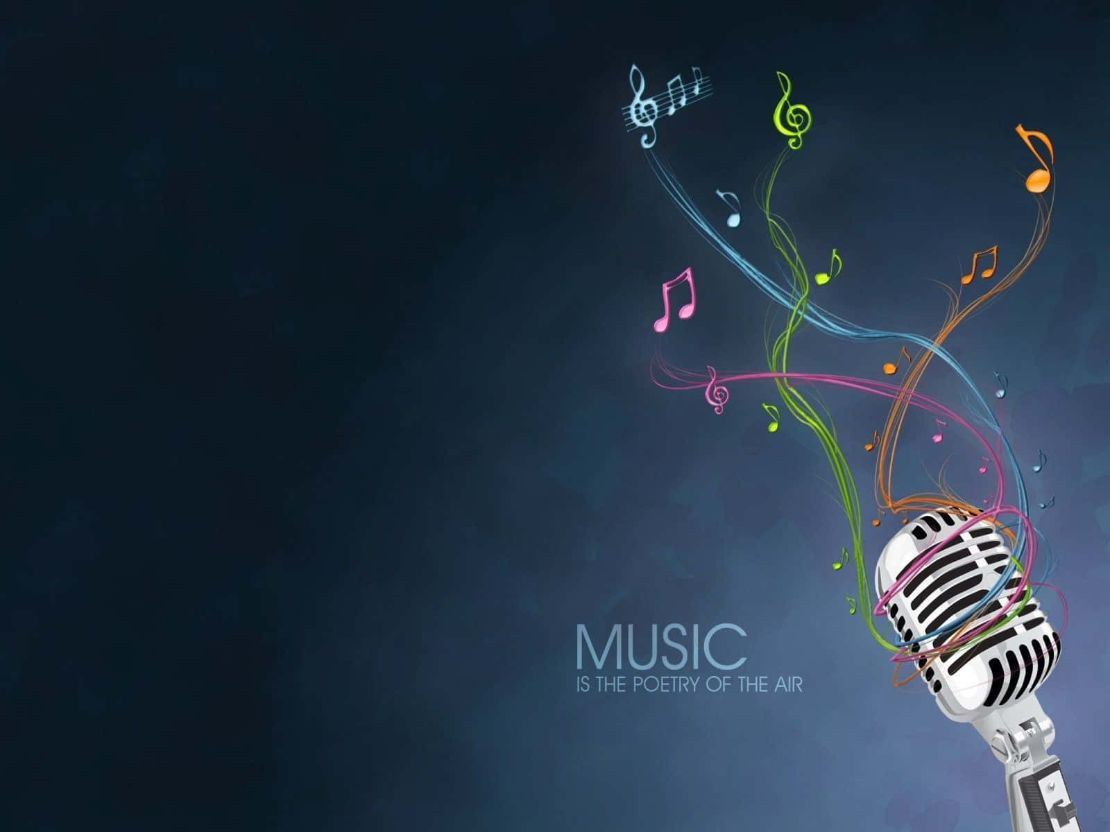 Musical 桌布 壁紙 — 一個復古咪高峰在深色紋理背景上發出充滿活力的旋轉音符，並帶有文字音樂是空氣的詩歌。