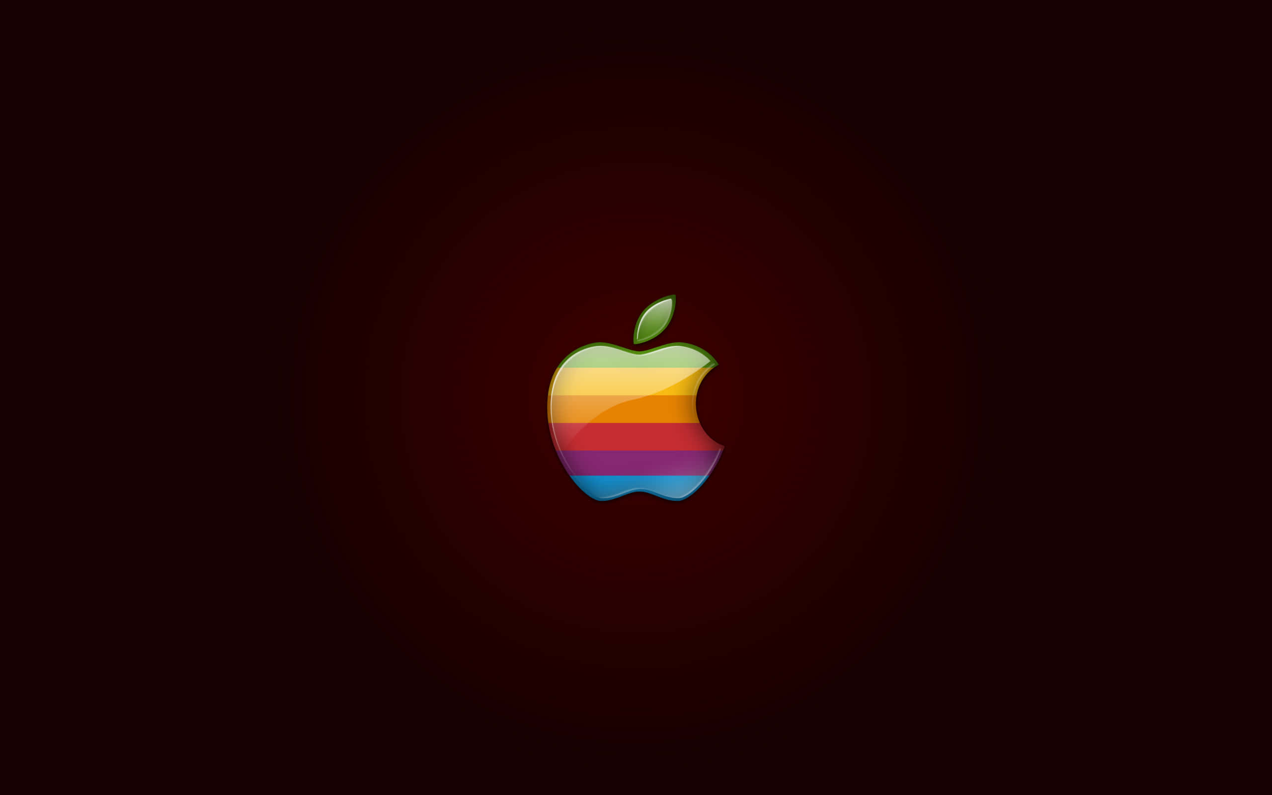 蘋果標誌 桌布 壁紙 — 一個復古彩虹Apple標誌在深棗紅色漸變背景上柔和發光。
