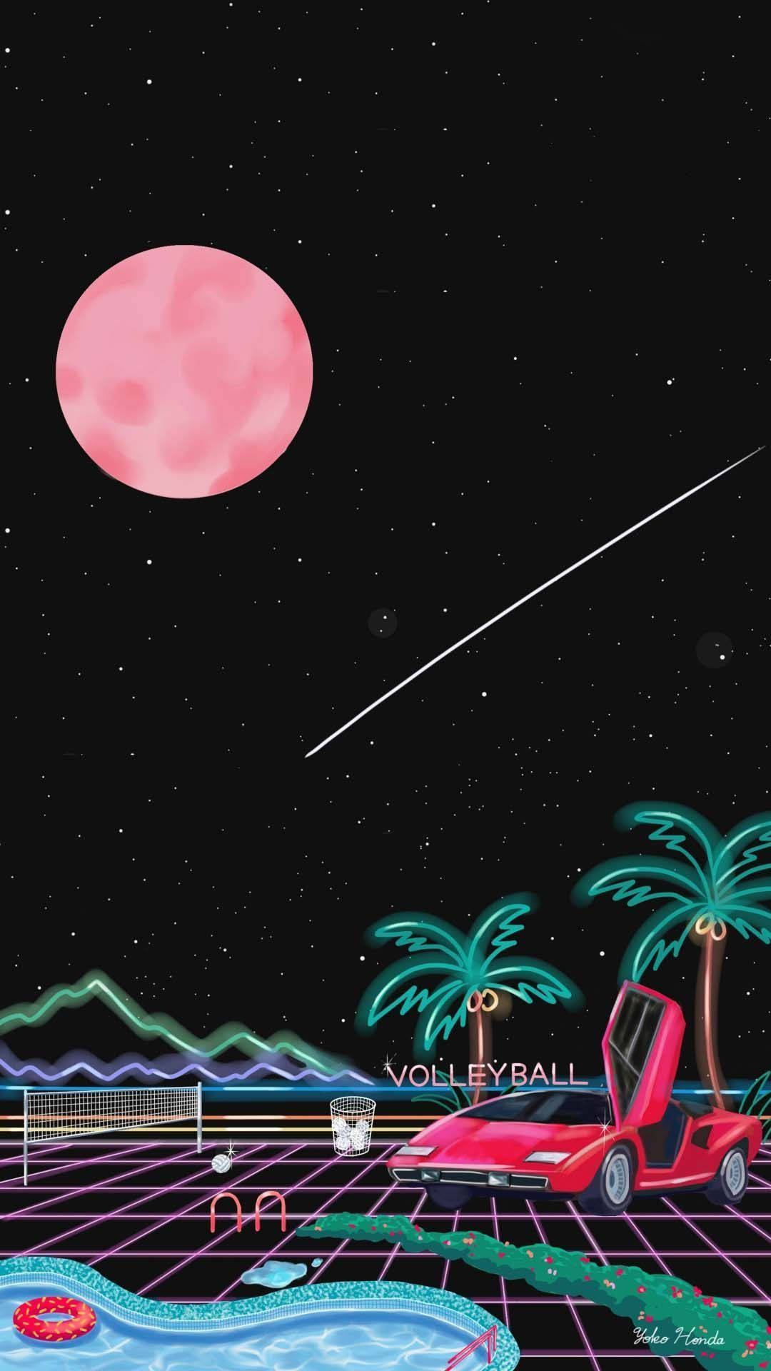蒸氣波 桌布 壁紙 — 一個復古未來主義場景，有粉紅月亮、霓虹棕櫚樹，以及一輛紅色跑車停泊在發光網格泳池旁，背景是星空。