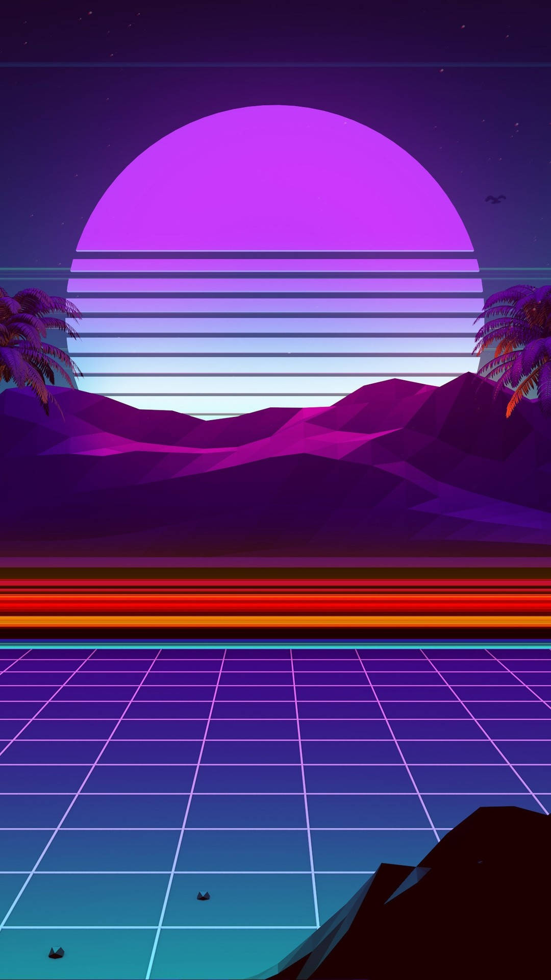 復古gif 桌布 壁紙 — 一個復古未來主義的日落，巨大的紫色太陽在風格化的山脈之上，星空下閃爍的網格地板。