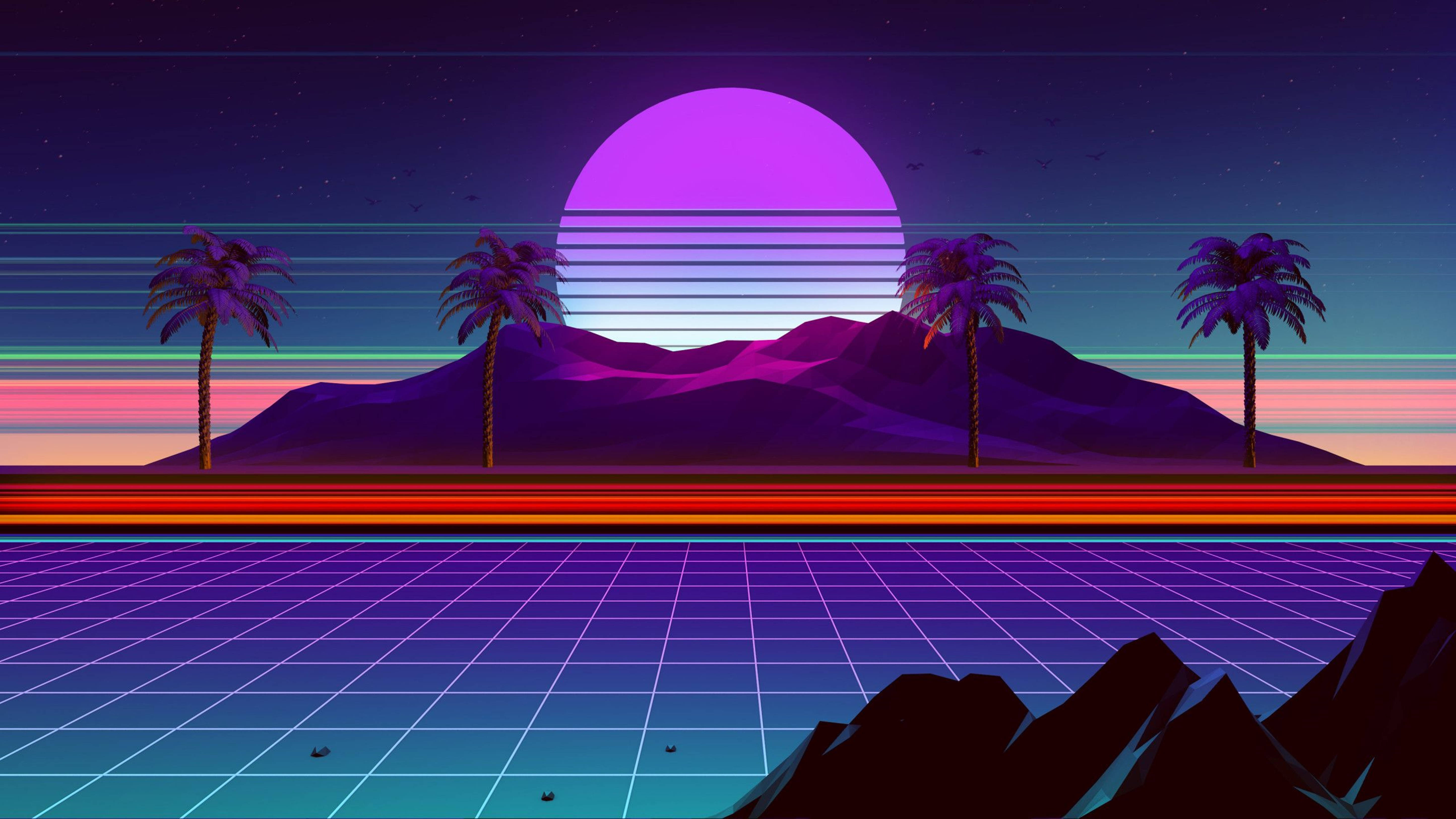 Retro 桌布 壁紙 — 一個復古未來主義的沙漠場景，有棕櫚樹、發光的紫色太陽，以及在星空下的網格圖案前景。