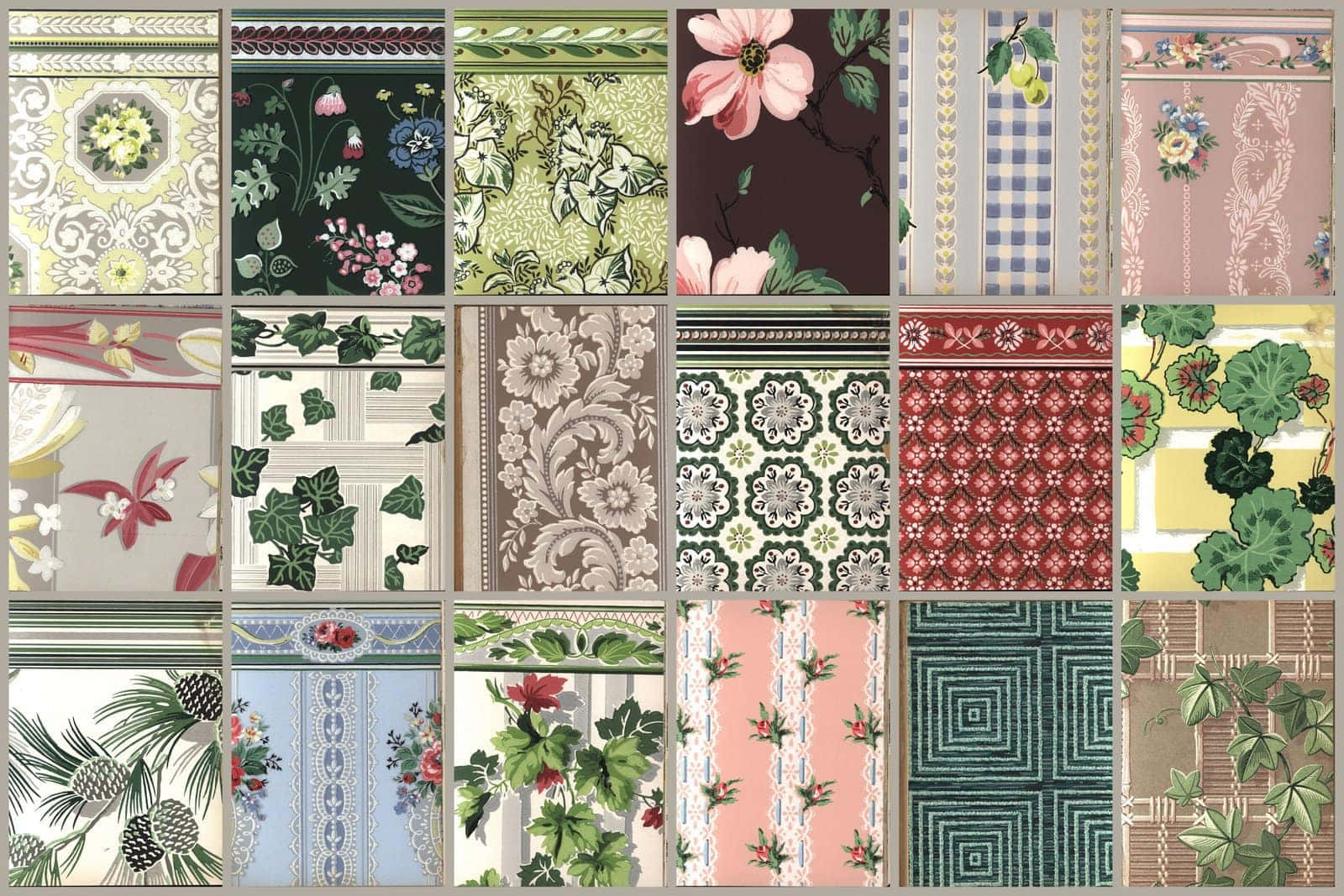 Beautiful Retro 桌布 壁紙 — 一個復古牆紙樣本網格，包含花卉藤蔓、幾何圖案和經典邊框設計，色調柔和淡雅且豐富。