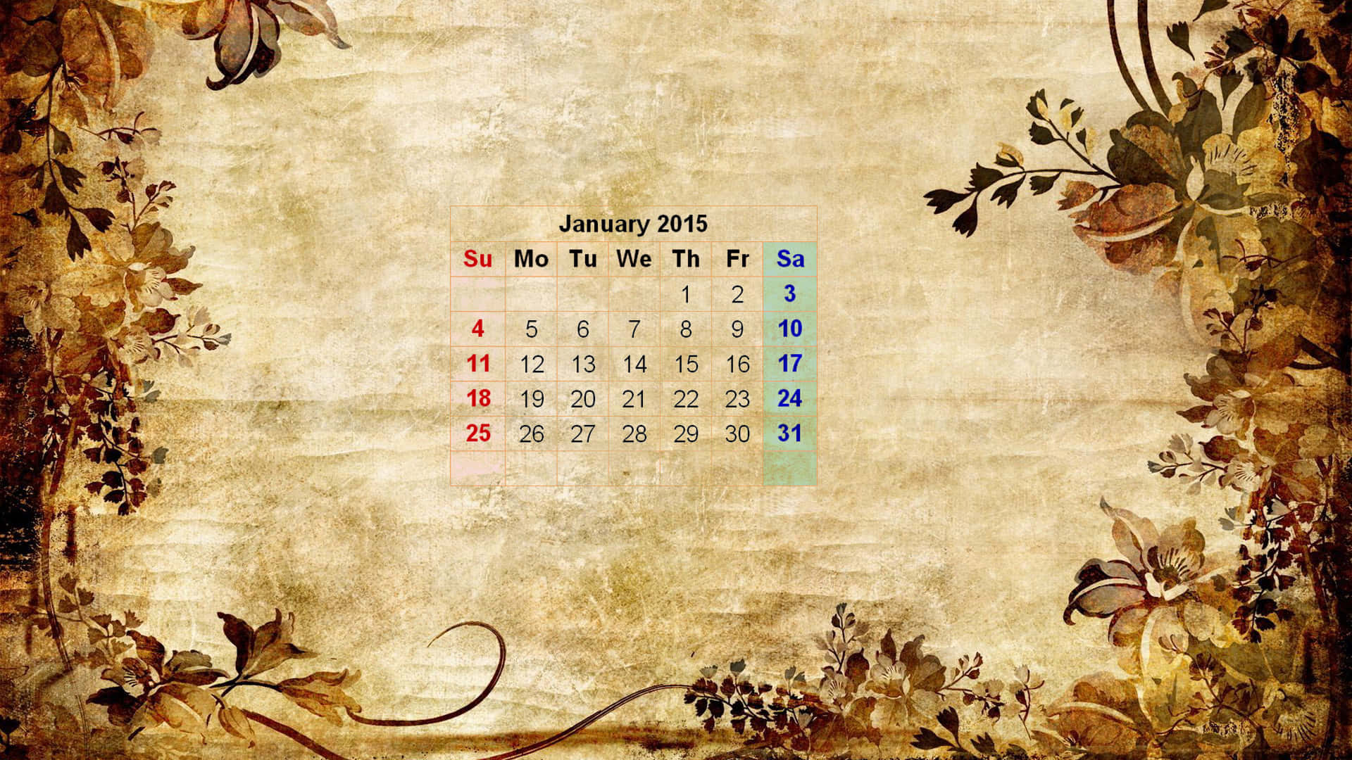 一月 桌布 壁紙 — 一個復古的2015年1月月曆，以華麗的秋日花環裝飾在紋理羊皮紙上。
