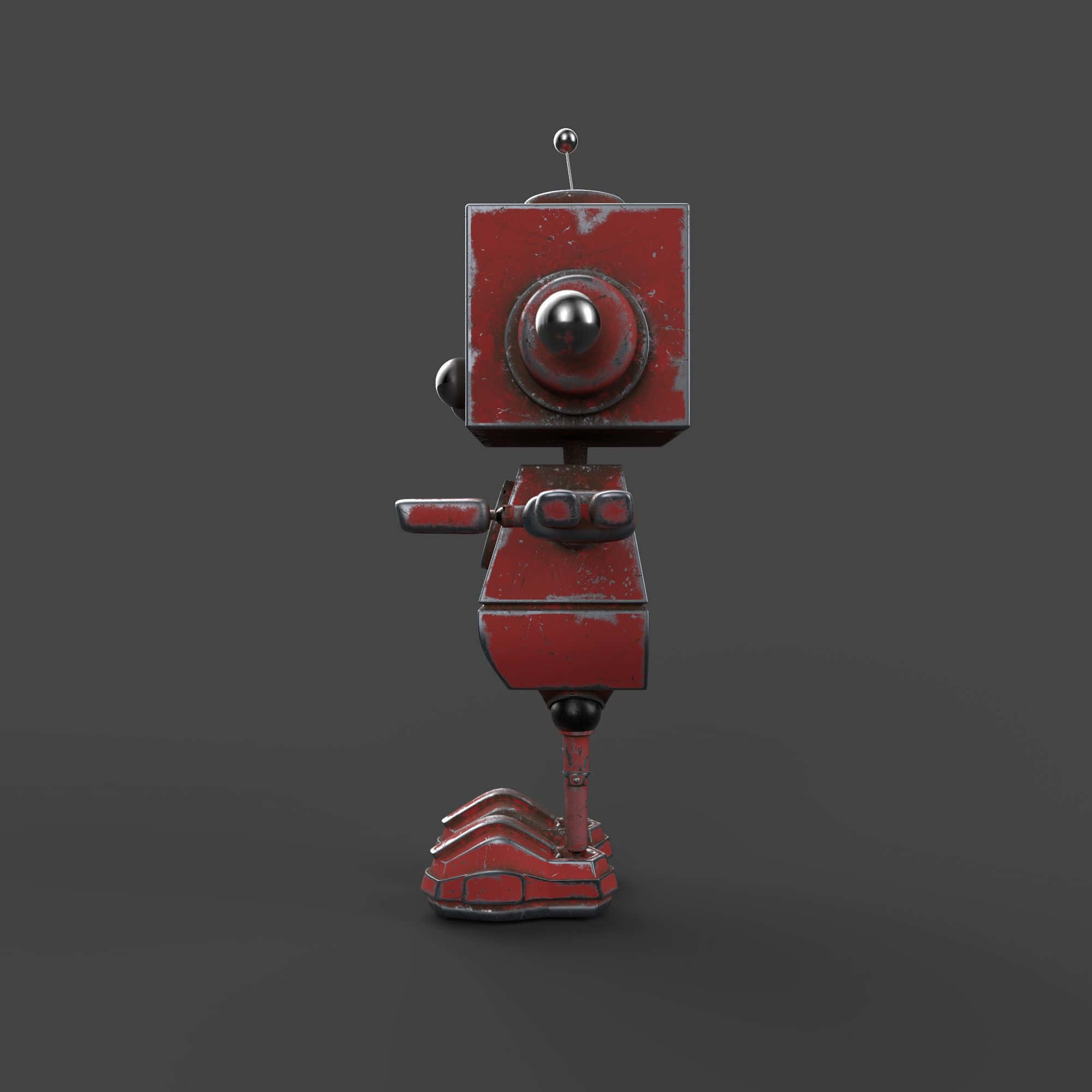 Kawaii Robot 桌布 壁紙 — 一個復古紅色機械人，方形頭部，單眼，站在深灰色工作室背景前。