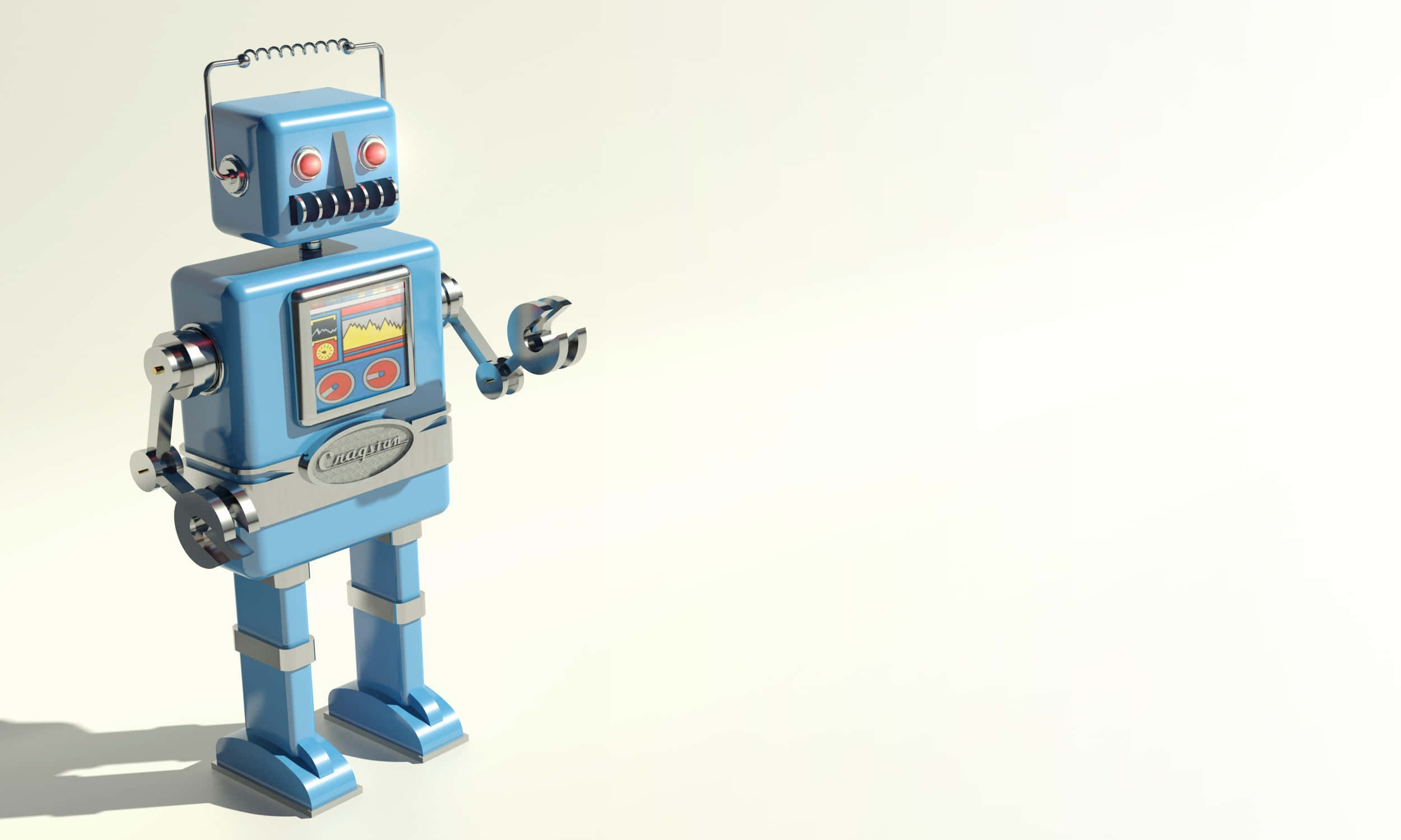 Kawaii Robot 桌布 壁紙 — 一個復古藍色機械人，紅眼睛，手部是扳手，站在純白色背景前。