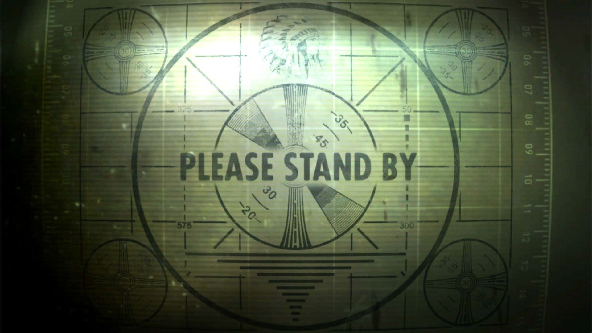 Cool Gaming 桌布 壁紙 — 一個復古雷達屏幕顯示「PLEASE STAND BY」，帶有發光的中央目標和測量標記。